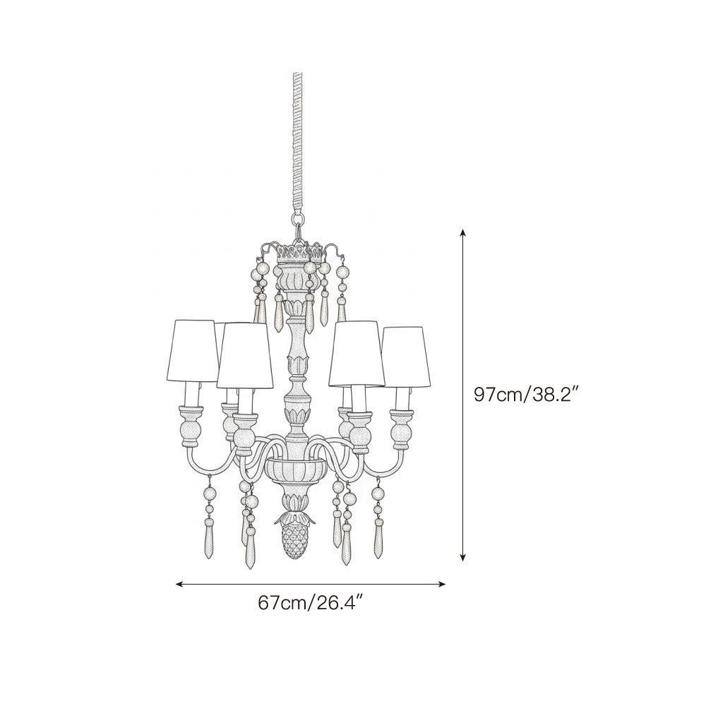 Close-up detail of the Mollie Chandelier's hand-carved wood center and gracefully curved iron arms.