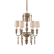 Mollie Chandelier with a wooden body and six fabric shades, shown against a plain background.