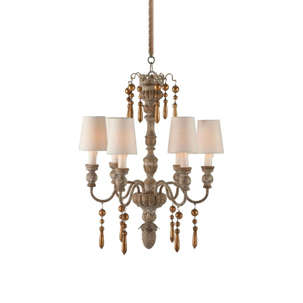 Mollie Chandelier with a wooden body and six fabric shades, shown against a plain background.