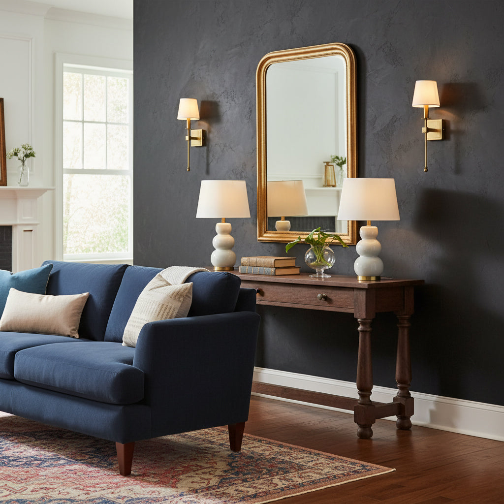 A pair of Monroe Wall Lamps flanking a piece of art in a dining area.