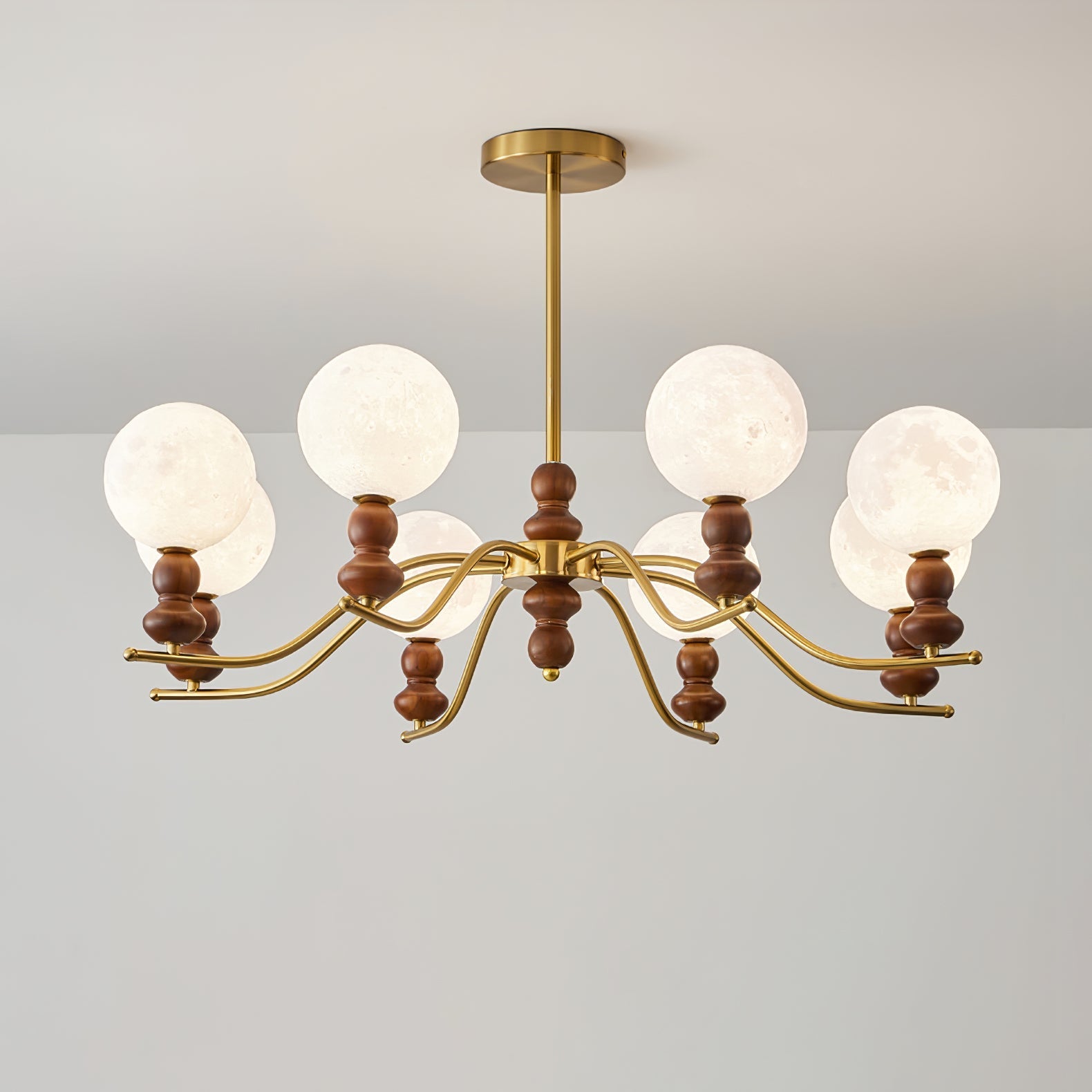 Lustra Chandelier Brass Wood Moon Globe Elegant-Neutral Decor