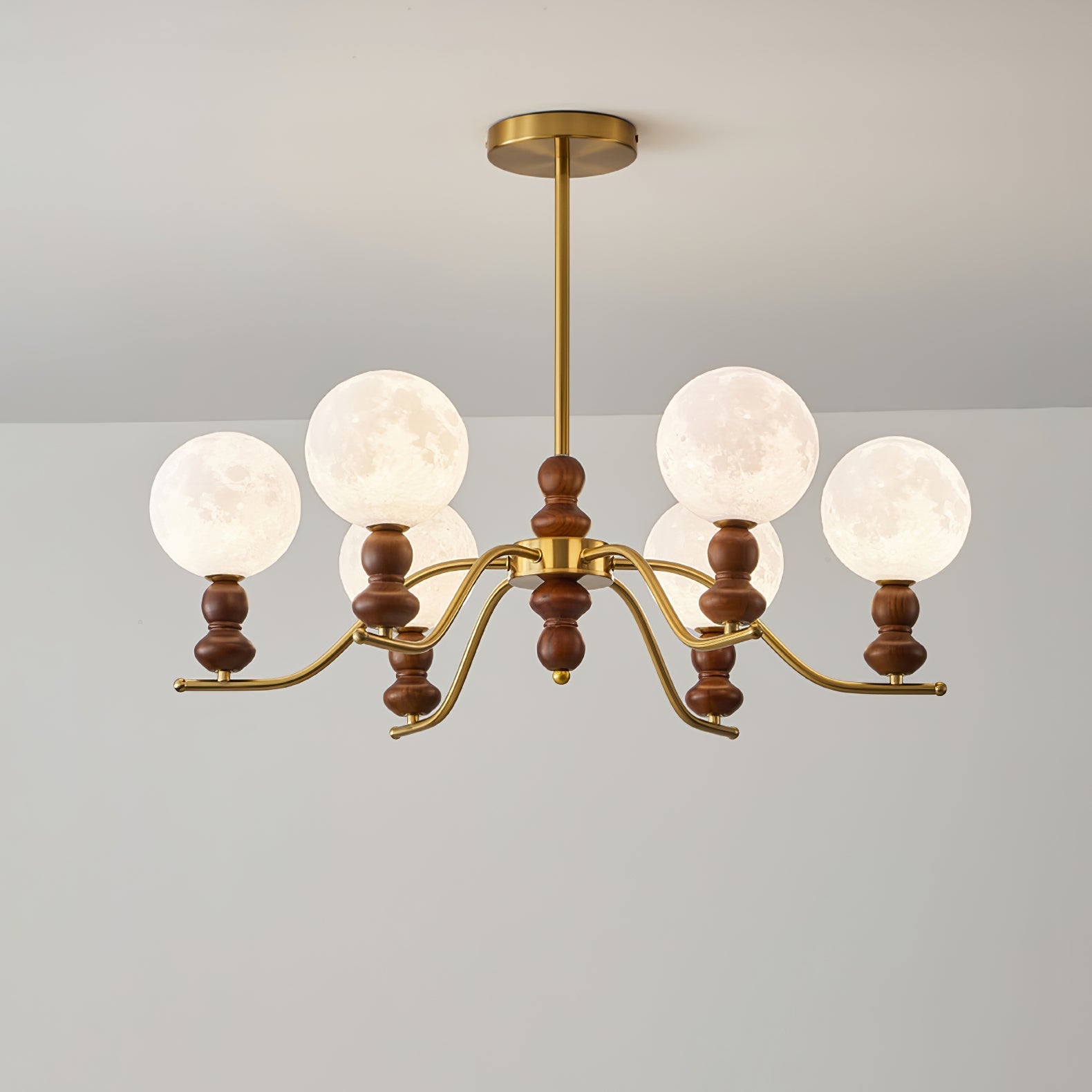 Lustra Chandelier Brass Wood Moon Globe Elegant-Neutral Decor