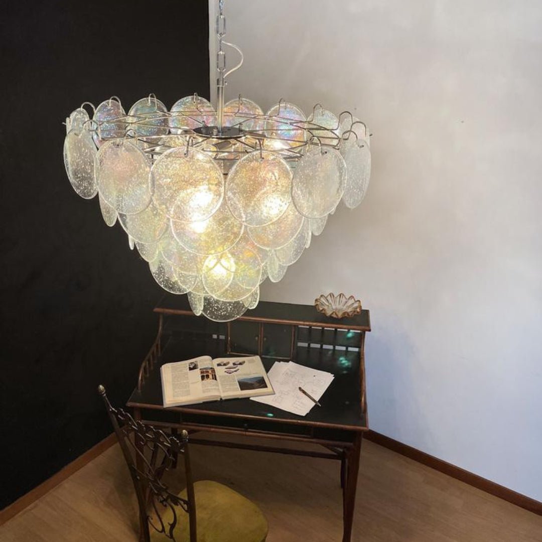 Aurora Chandelier Iridescent Murano Glass Disc-Neutral Decor