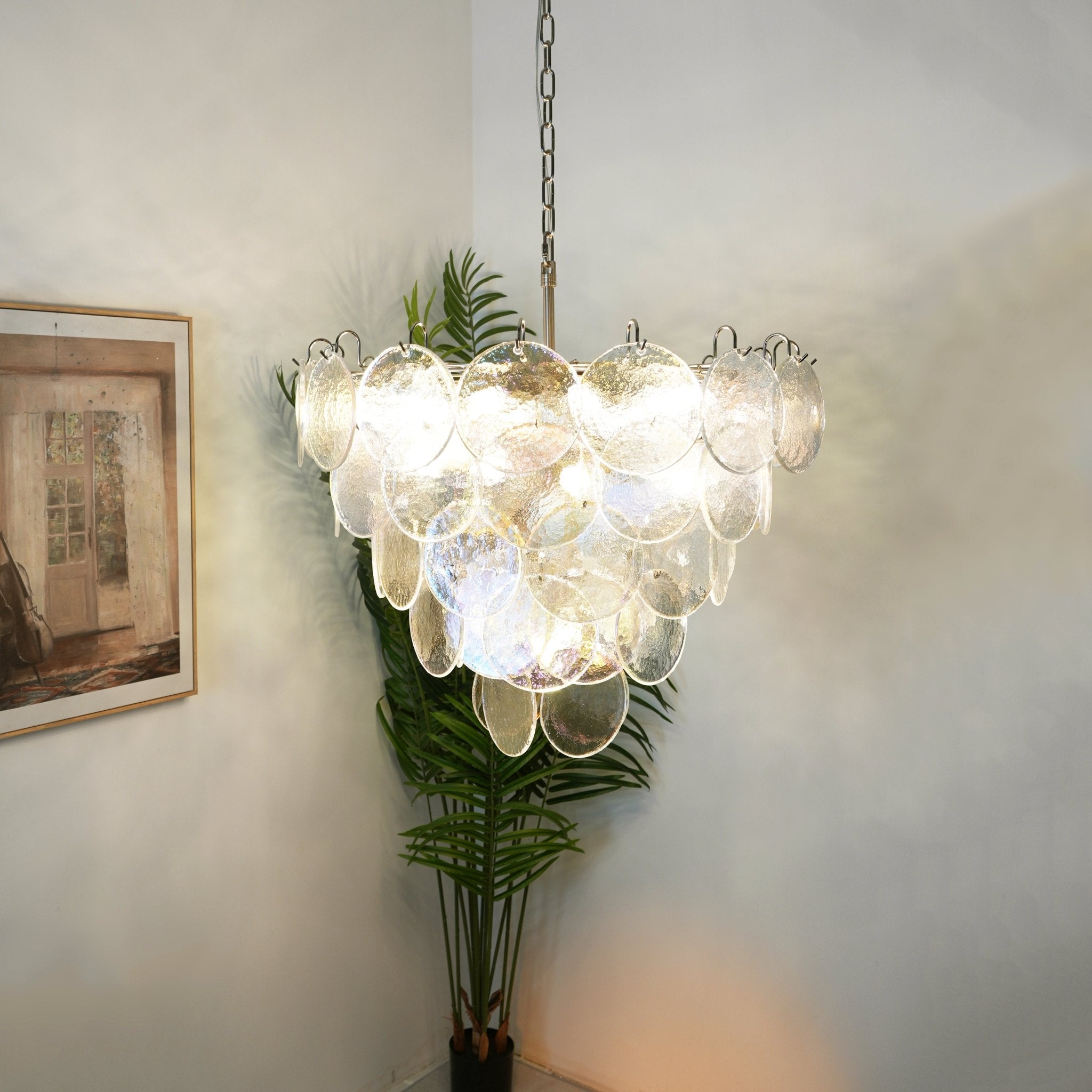 Aurora Chandelier Iridescent Murano Glass Disc-Neutral Decor