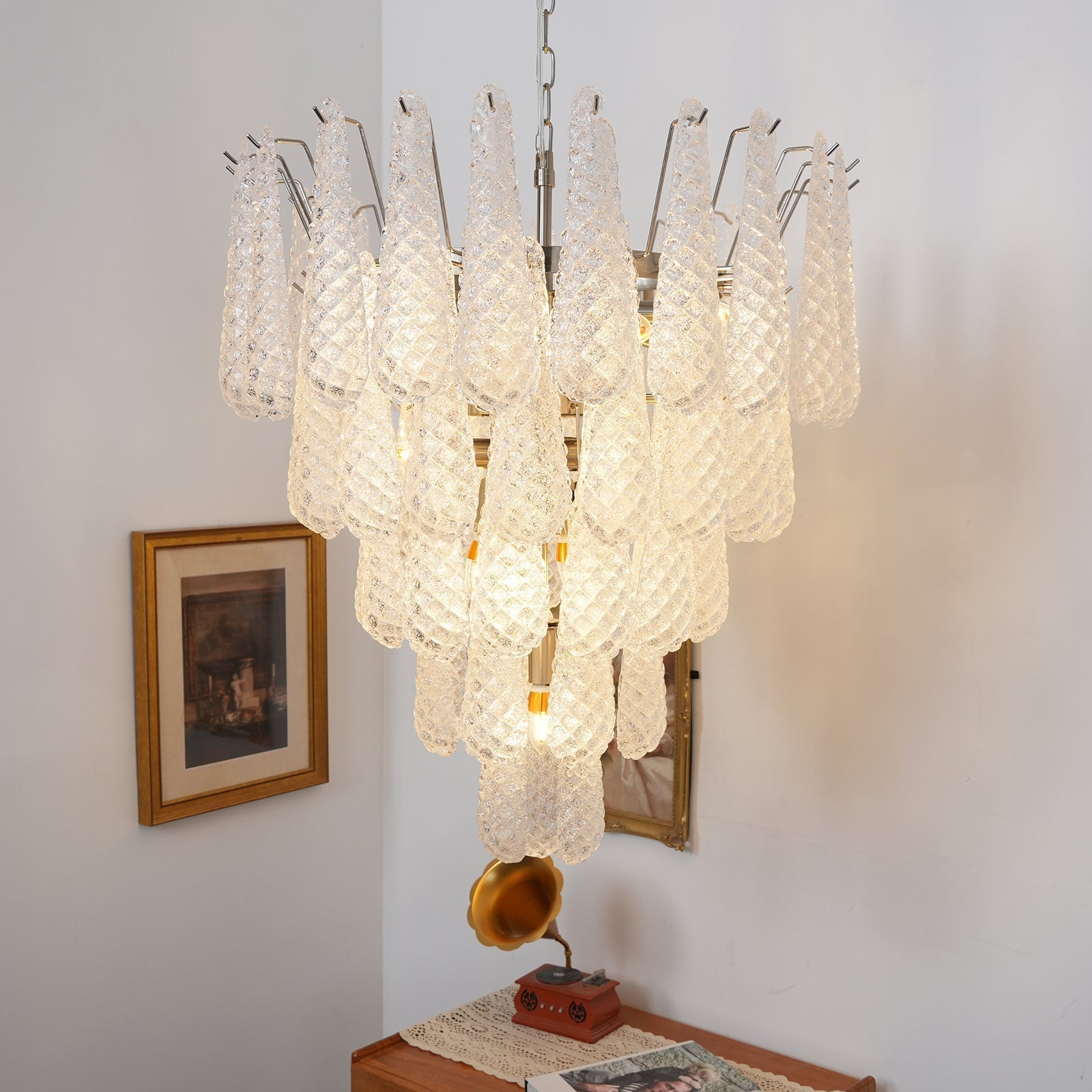 Aurora Chandelier Clear Murano Glass Dewdrop Layered-Neutral Decor