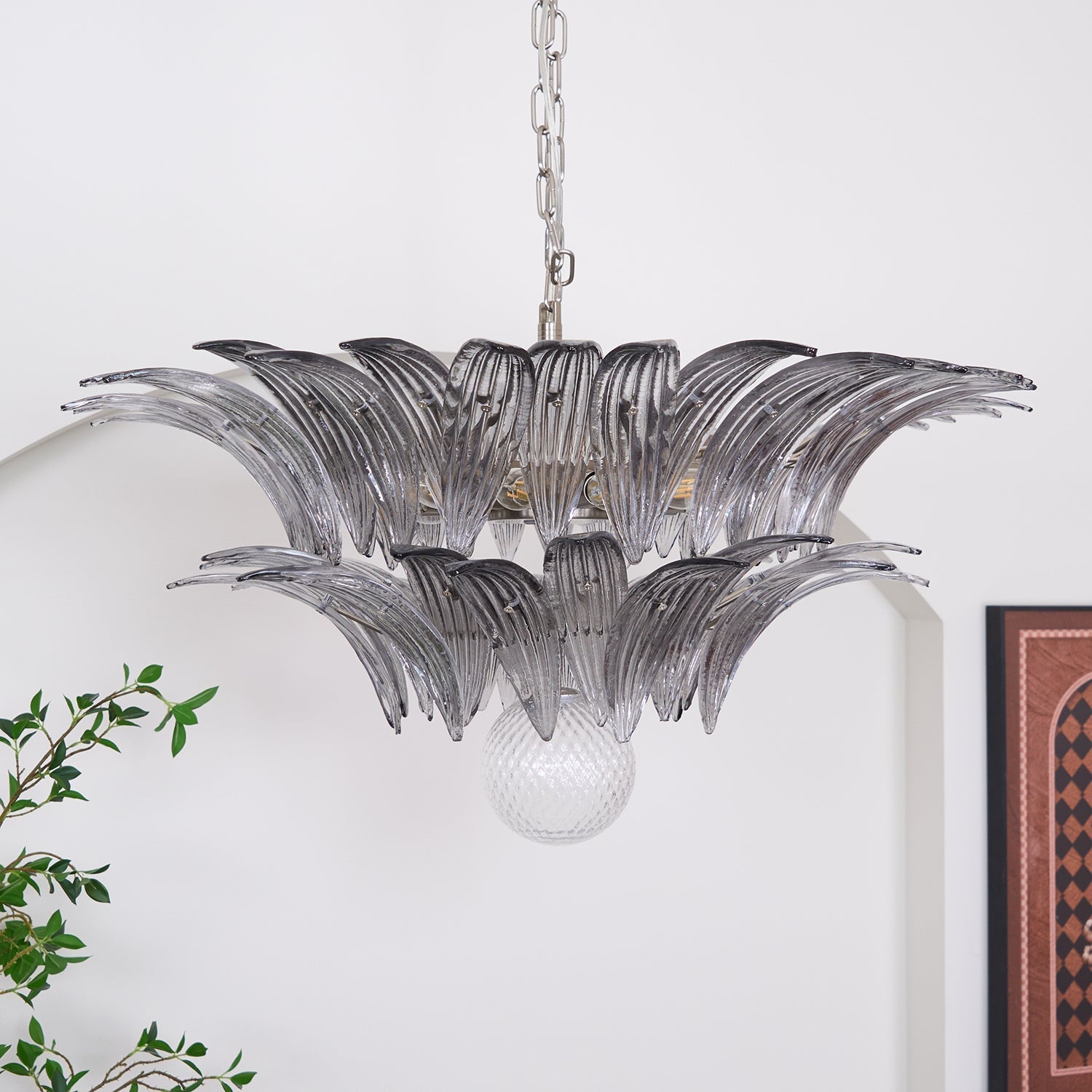 Aurora Chandelier Palmette Clear Murano Glass Leaf Layered-Neutral Decor