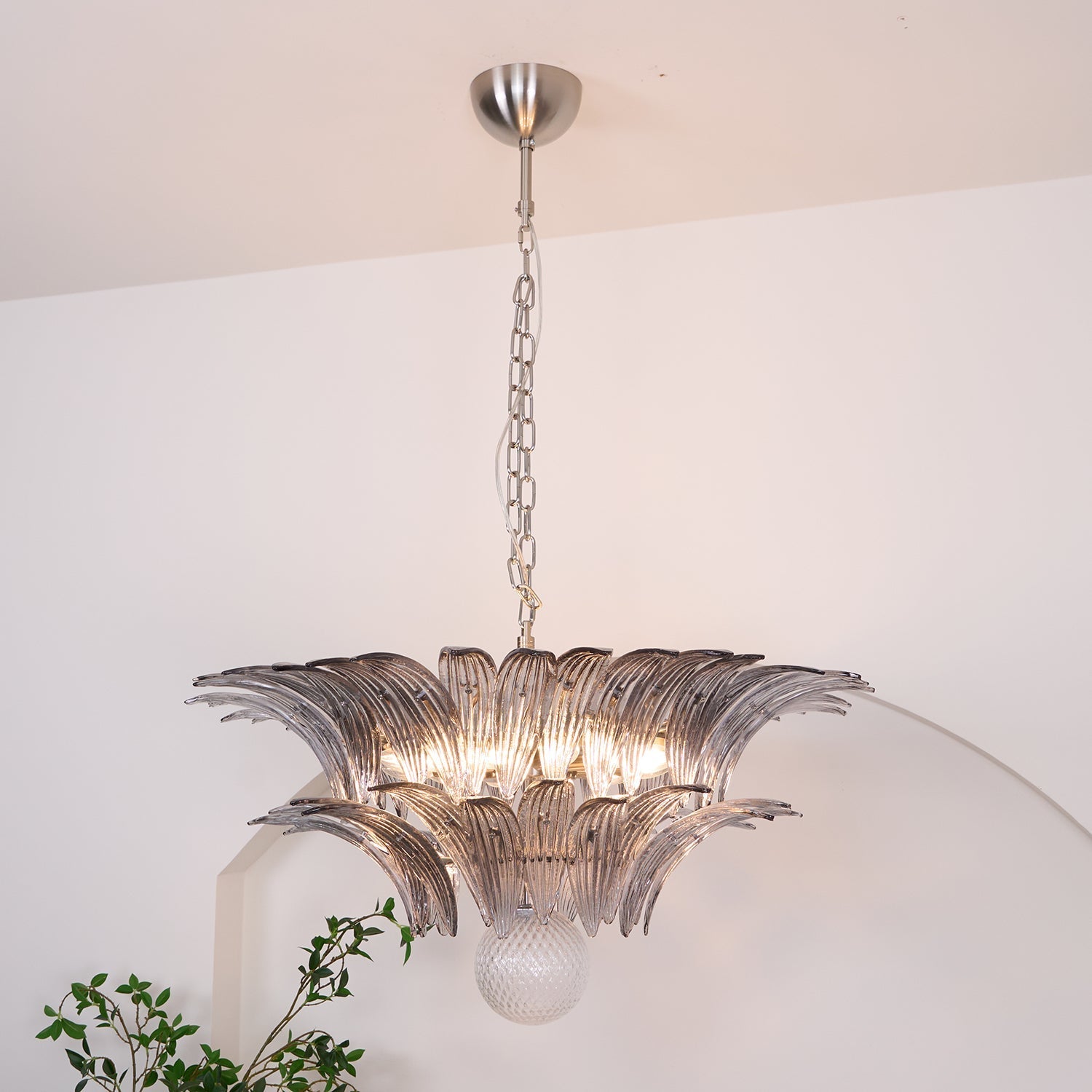 Aurora Chandelier Palmette Clear Murano Glass Leaf Layered-Neutral Decor