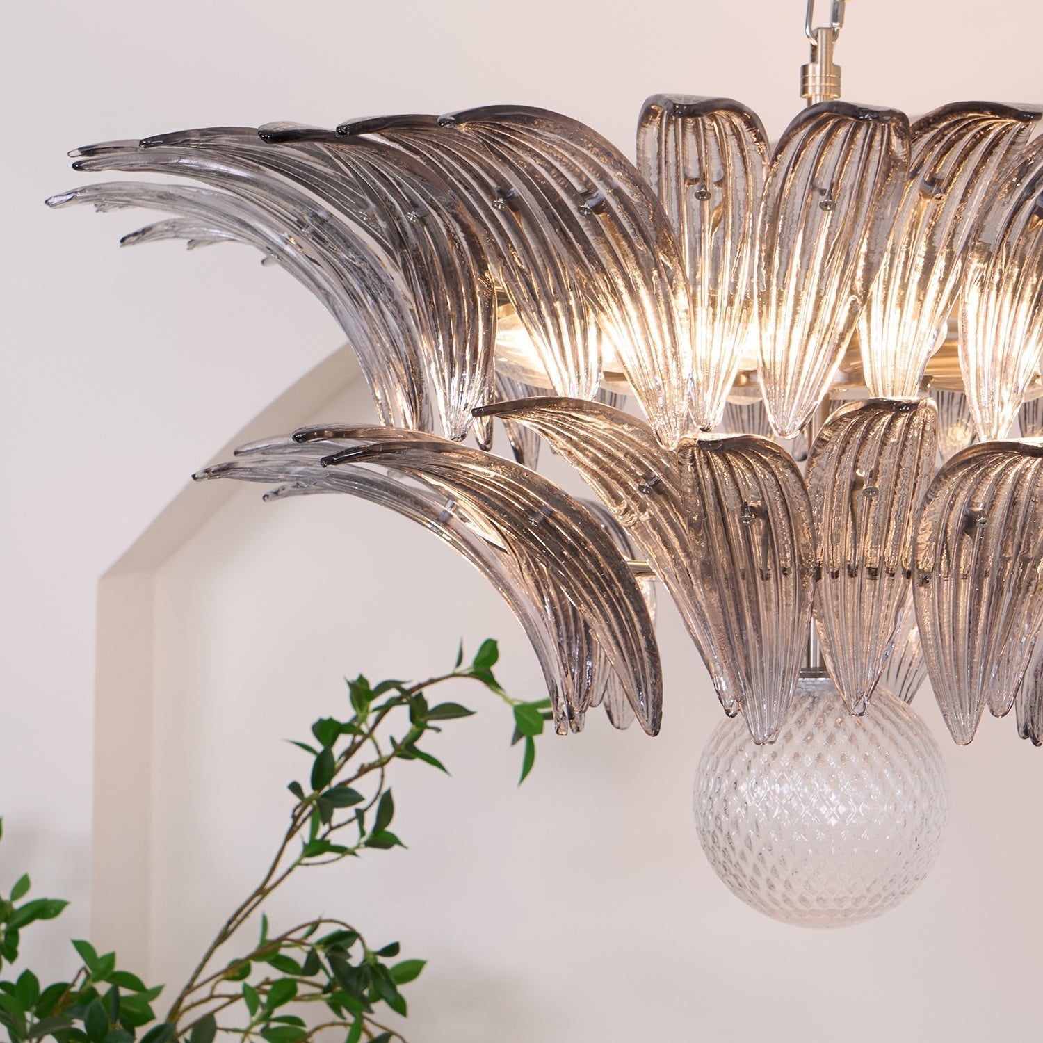 Aurora Chandelier Palmette Clear Murano Glass Leaf Layered-Neutral Decor