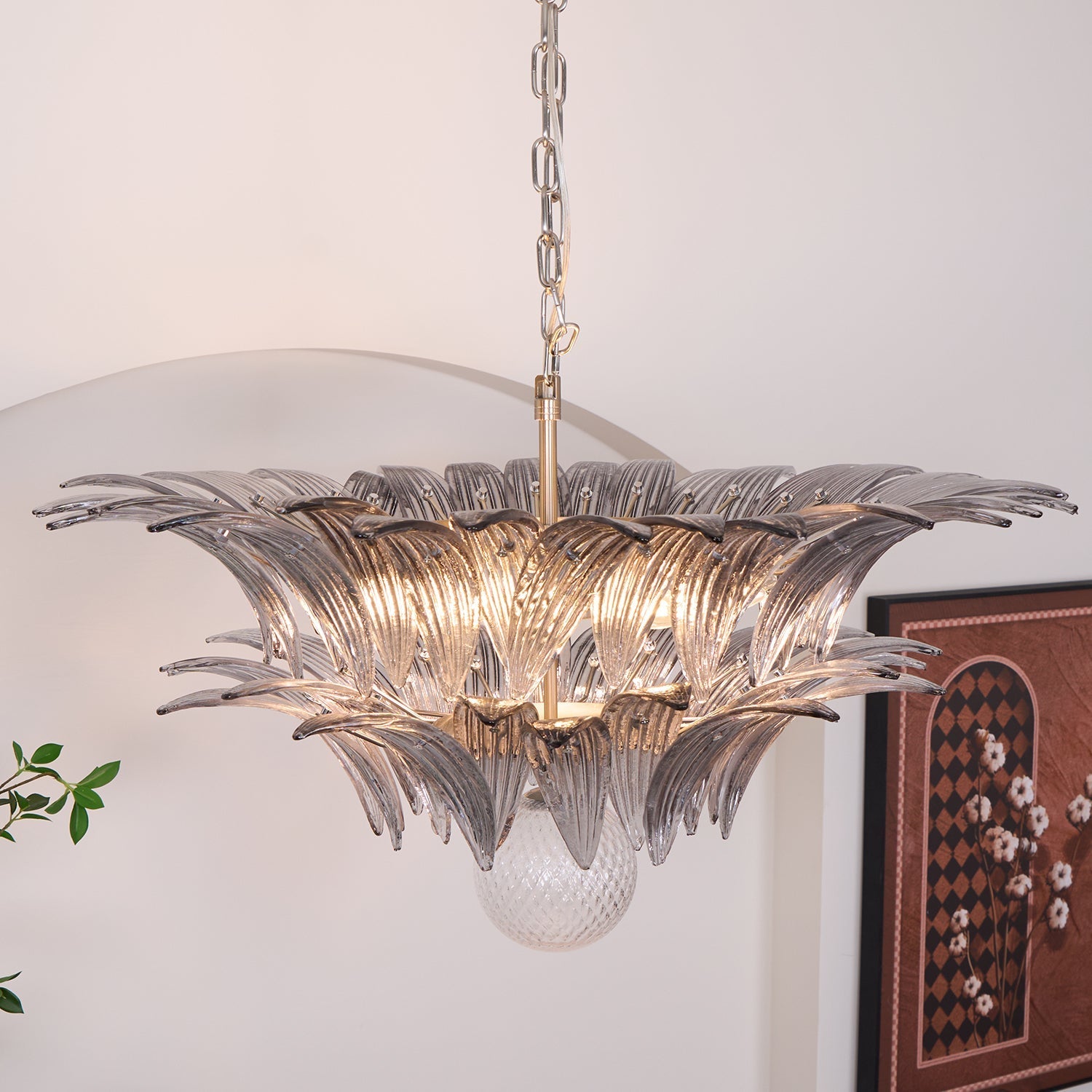 Aurora Chandelier Palmette Clear Murano Glass Leaf Layered-Neutral Decor