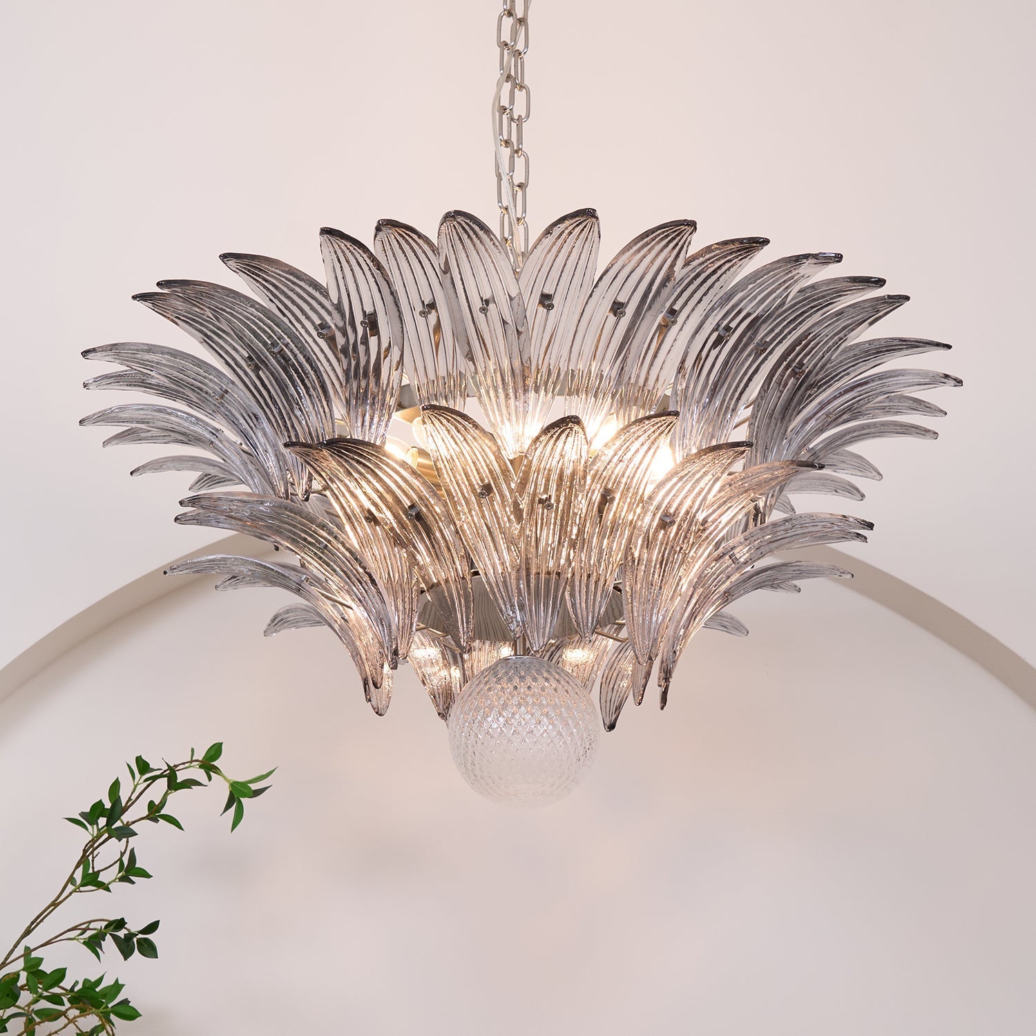 Aurora Chandelier Palmette Clear Murano Glass Leaf Layered-Neutral Decor