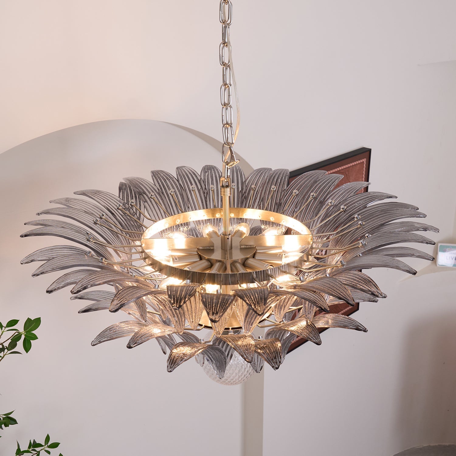 Aurora Chandelier Palmette Clear Murano Glass Leaf Layered-Neutral Decor