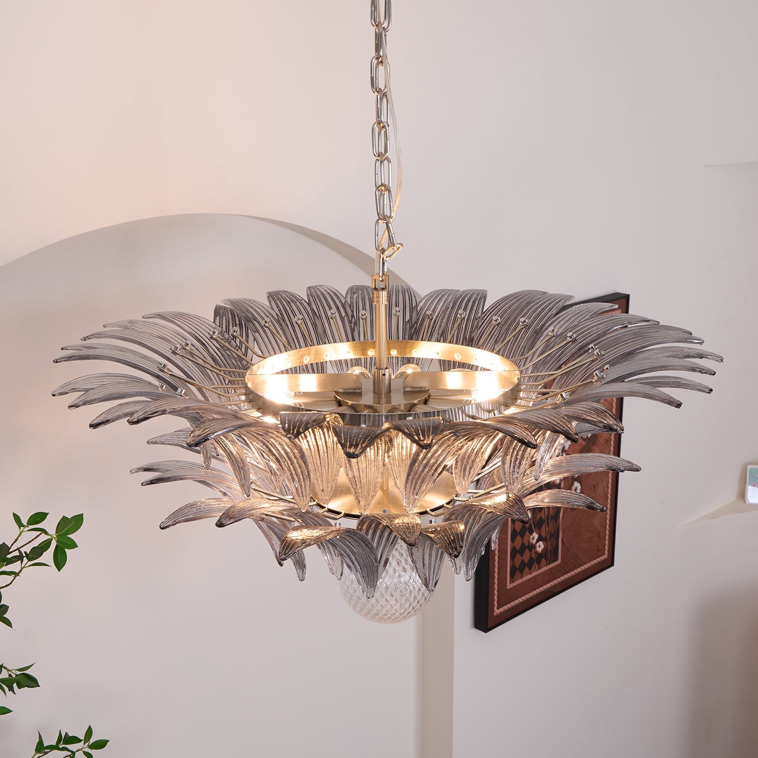 Aurora Chandelier Palmette Clear Murano Glass Leaf Layered-Neutral Decor