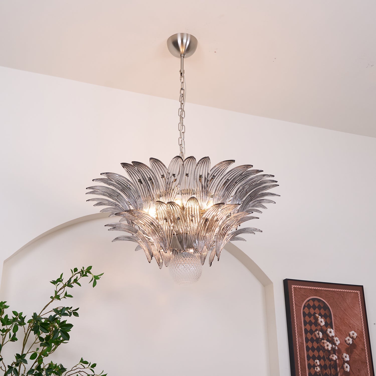 Aurora Chandelier Palmette Clear Murano Glass Leaf Layered-Neutral Decor