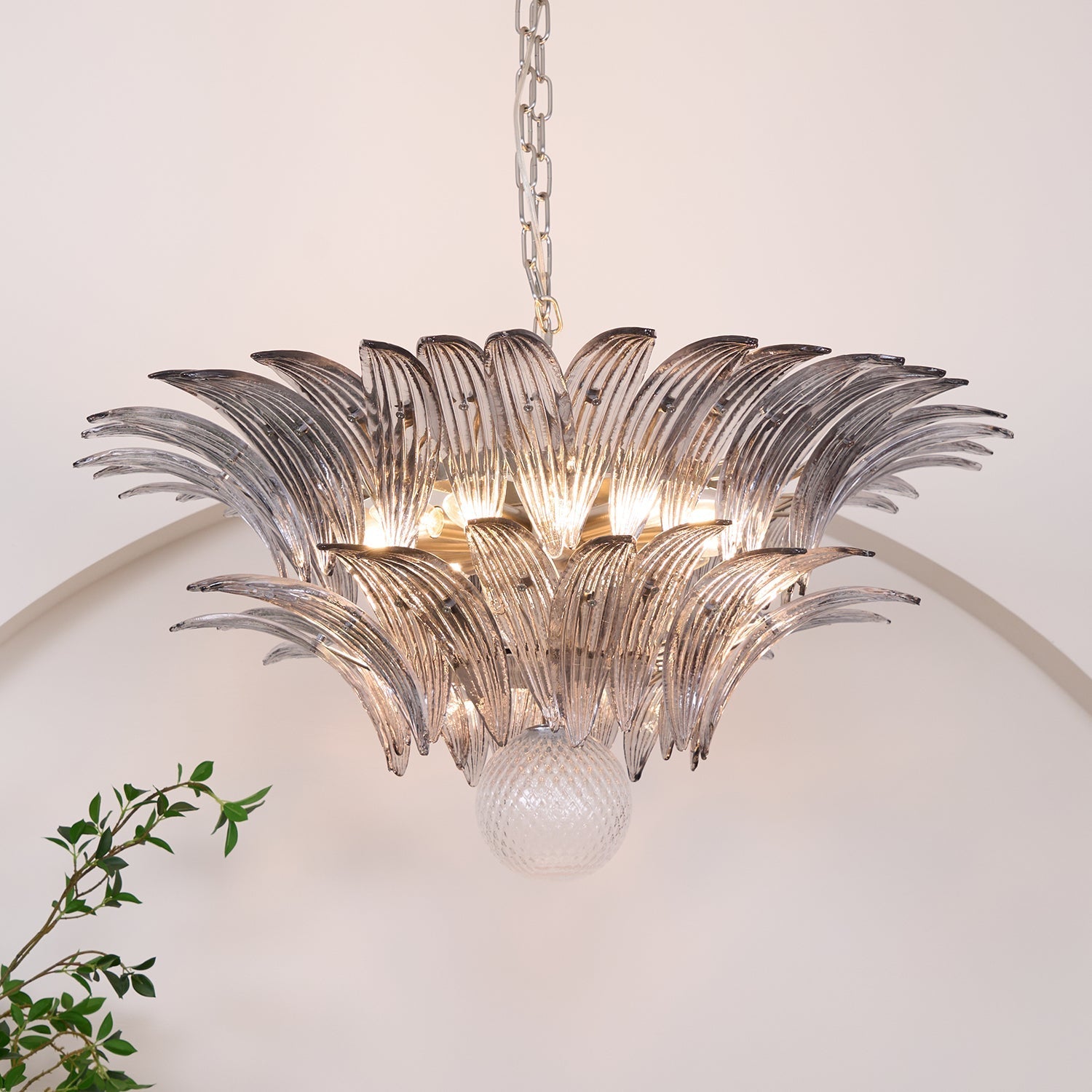 Aurora Chandelier Palmette Clear Murano Glass Leaf Layered-Neutral Decor