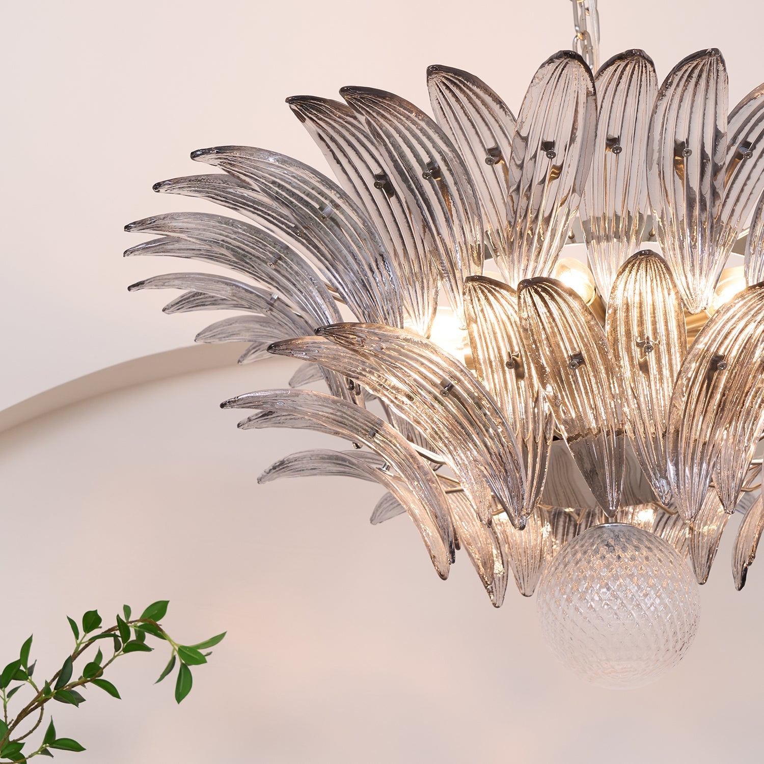 Aurora Chandelier Palmette Clear Murano Glass Leaf Layered-Neutral Decor