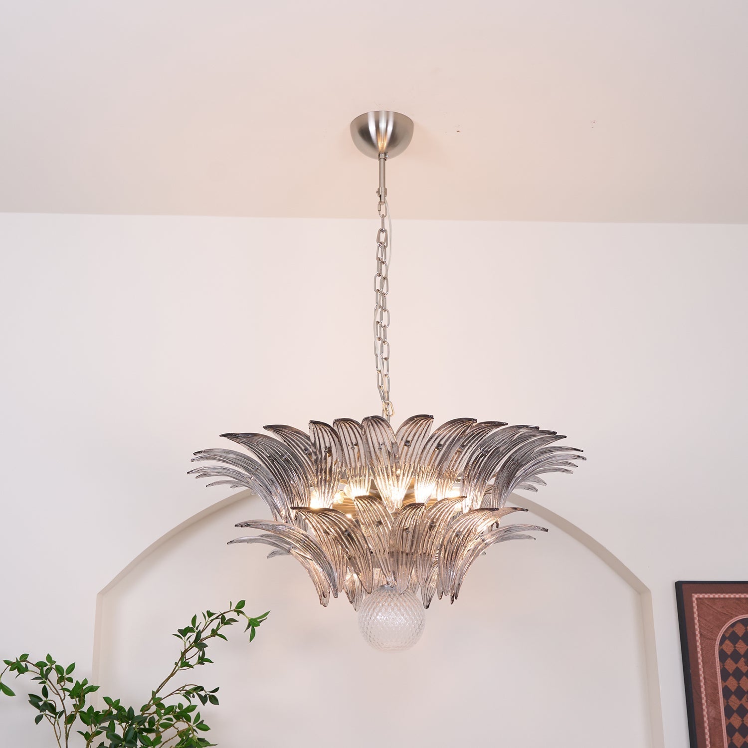 Aurora Chandelier Palmette Clear Murano Glass Leaf Layered-Neutral Decor