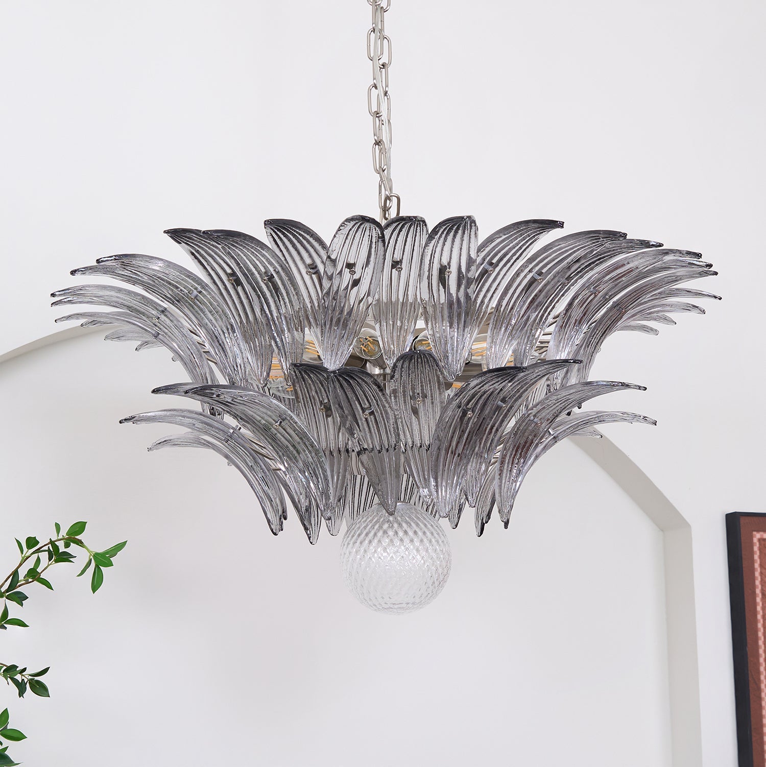 Aurora Chandelier Palmette Clear Murano Glass Leaf Layered-Neutral Decor