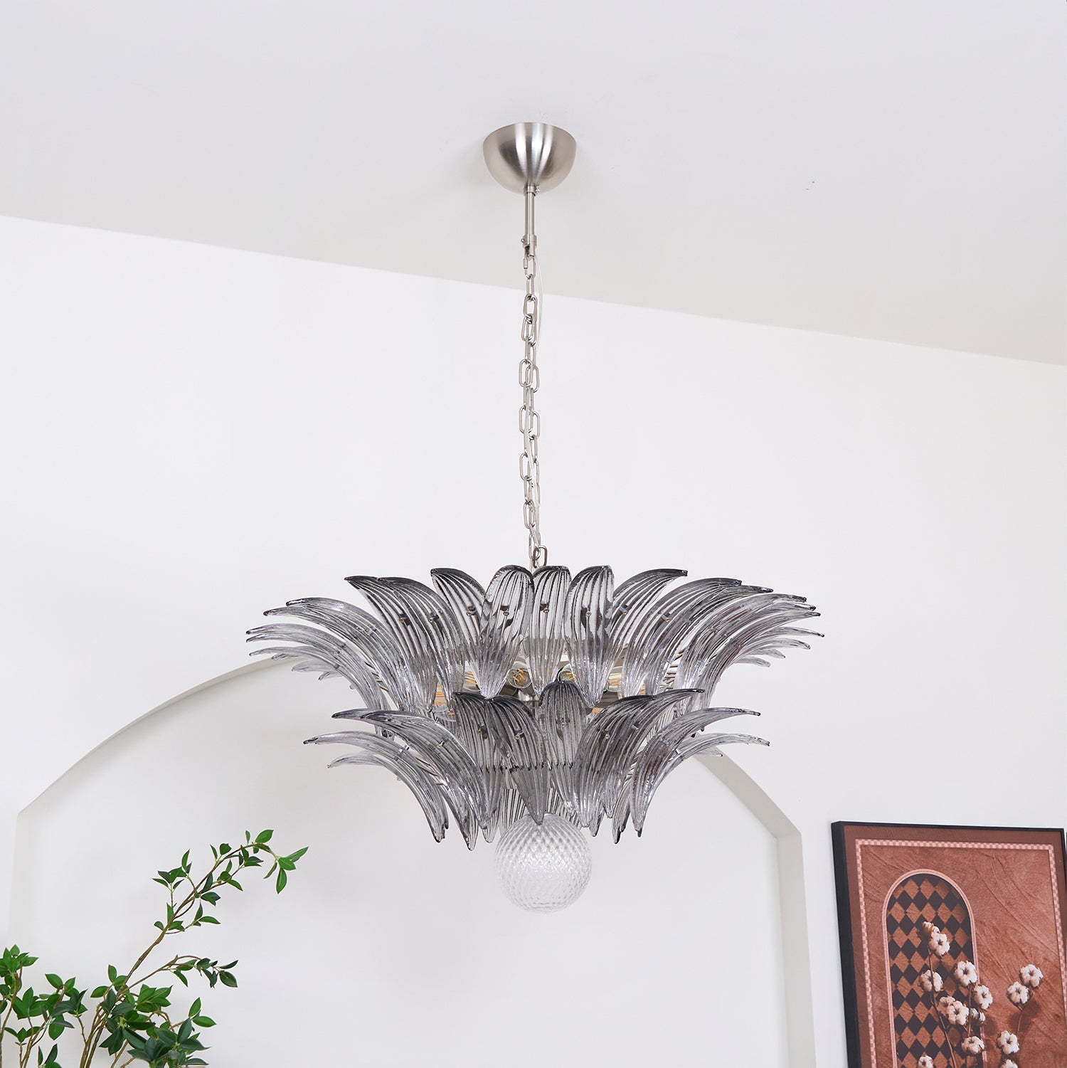 Aurora Chandelier Palmette Clear Murano Glass Leaf Layered-Neutral Decor
