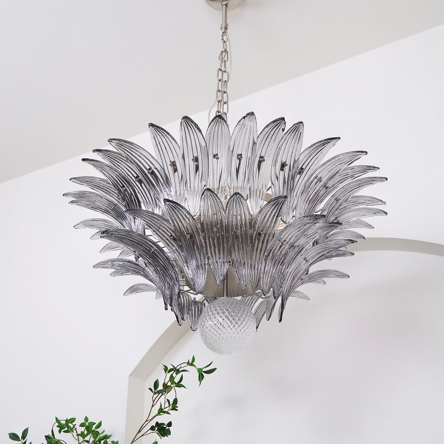 Aurora Chandelier Palmette Clear Murano Glass Leaf Layered-Neutral Decor