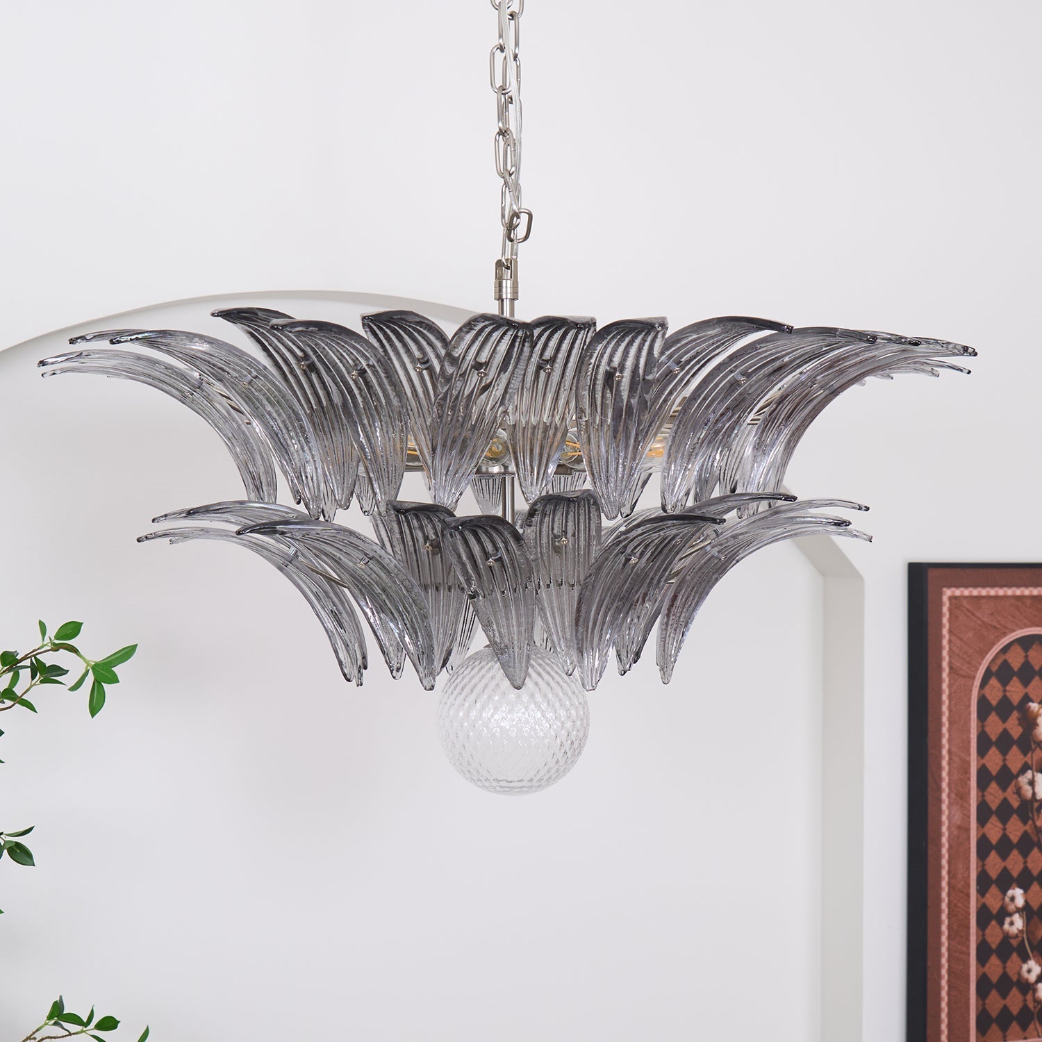 Aurora Chandelier Palmette Clear Murano Glass Leaf Layered-Neutral Decor