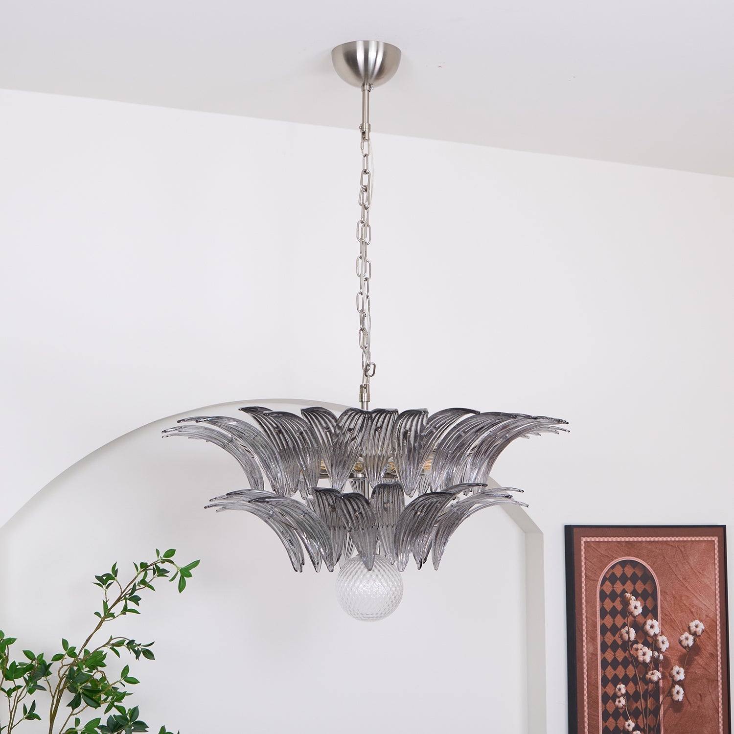 Aurora Chandelier Palmette Clear Murano Glass Leaf Layered-Neutral Decor