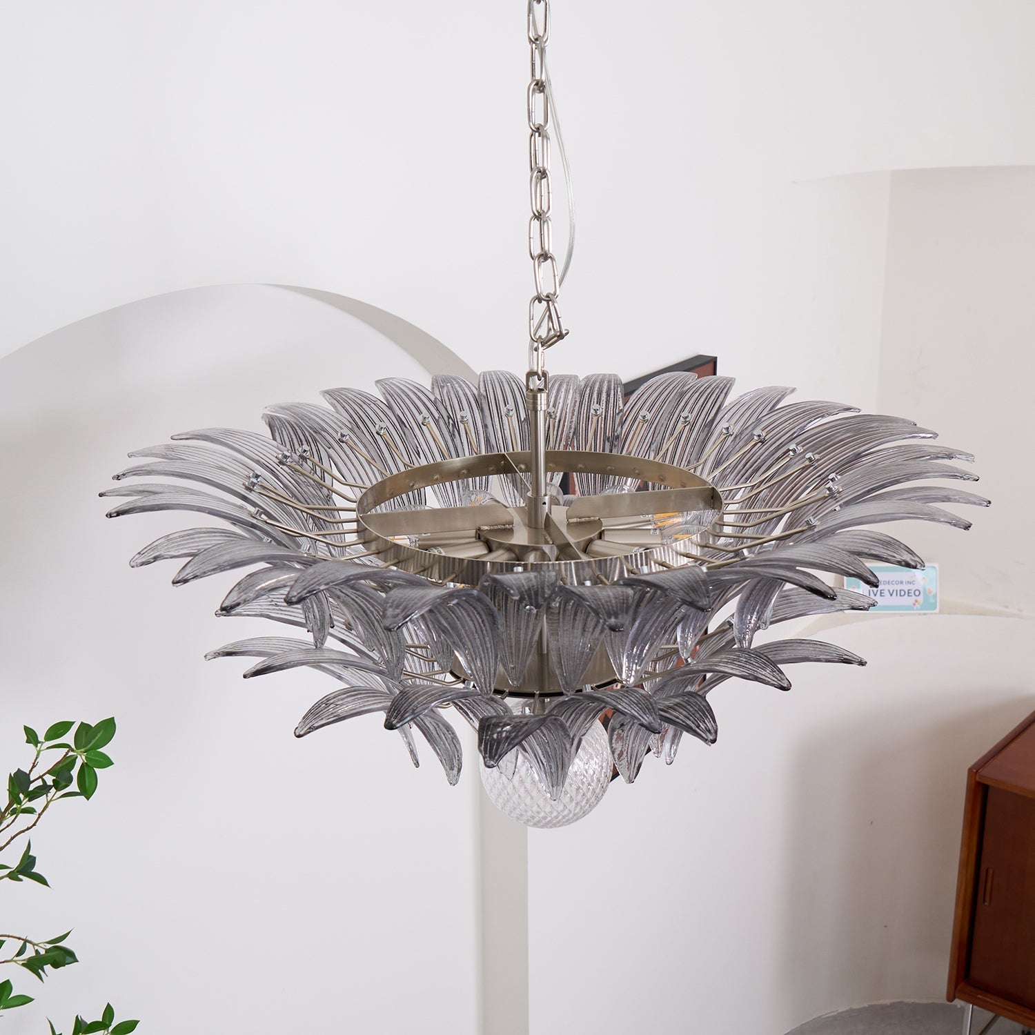 Aurora Chandelier Palmette Clear Murano Glass Leaf Layered-Neutral Decor