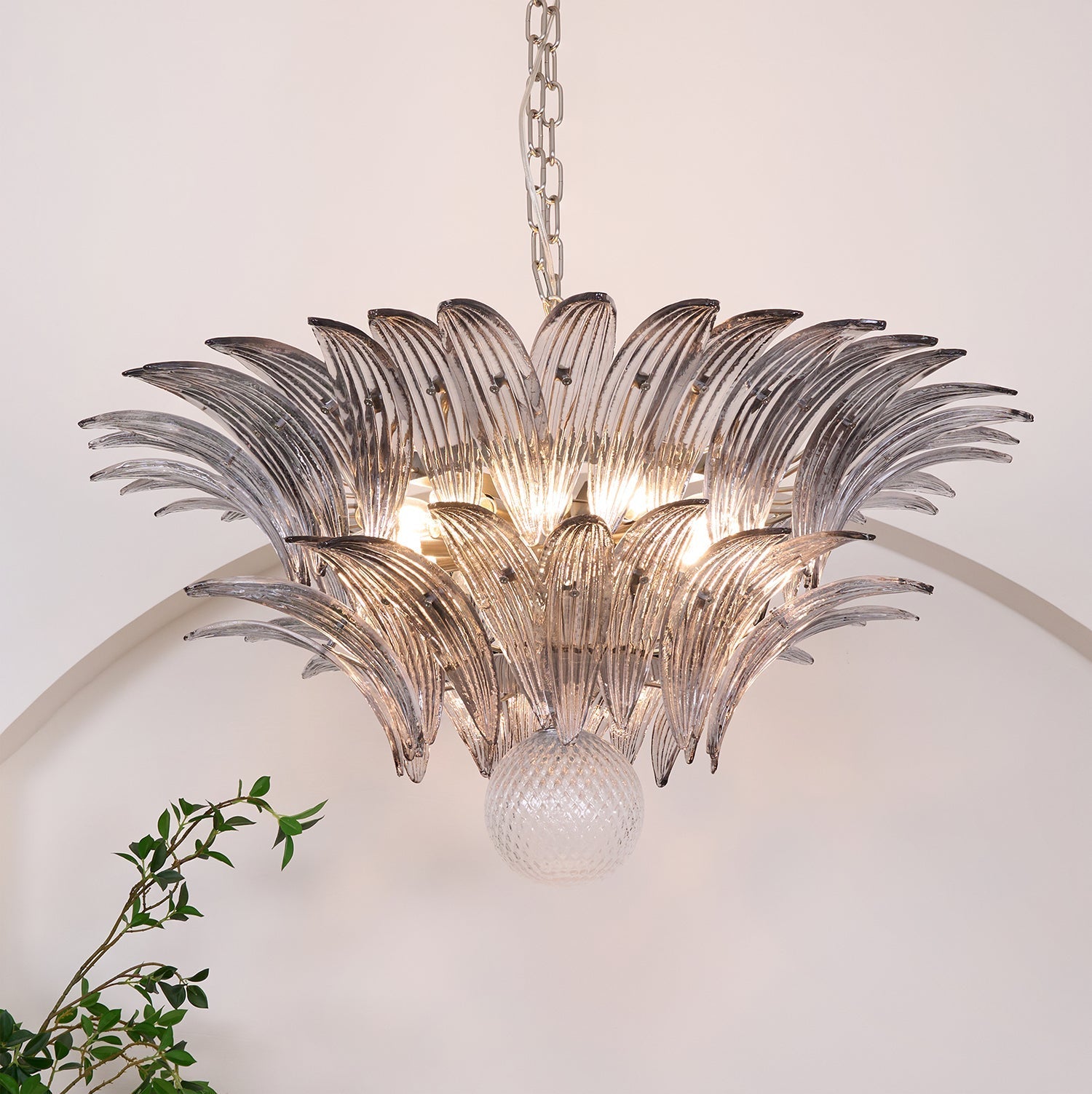 Aurora Chandelier Palmette Clear Murano Glass Leaf Layered-Neutral Decor
