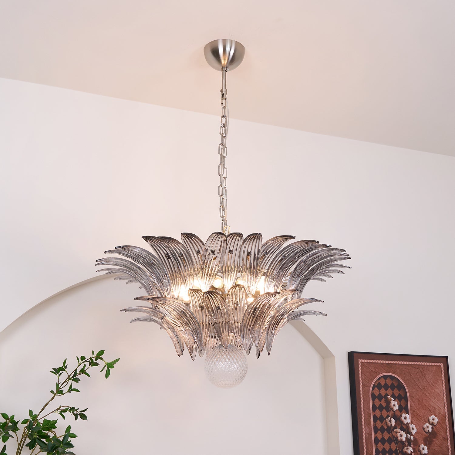 Aurora Chandelier Palmette Clear Murano Glass Leaf Layered-Neutral Decor