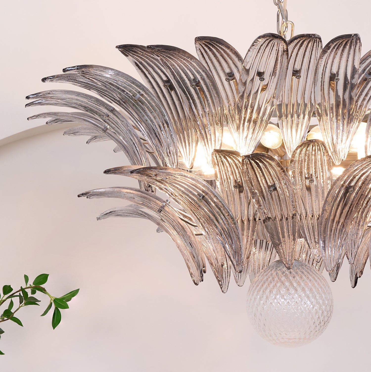 Aurora Chandelier Palmette Clear Murano Glass Leaf Layered-Neutral Decor