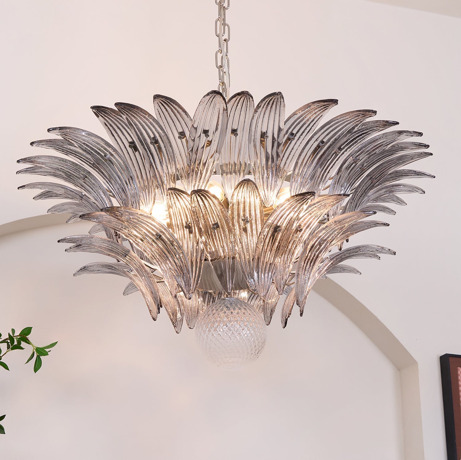 Aurora Chandelier Palmette Clear Murano Glass Leaf Layered-Neutral Decor