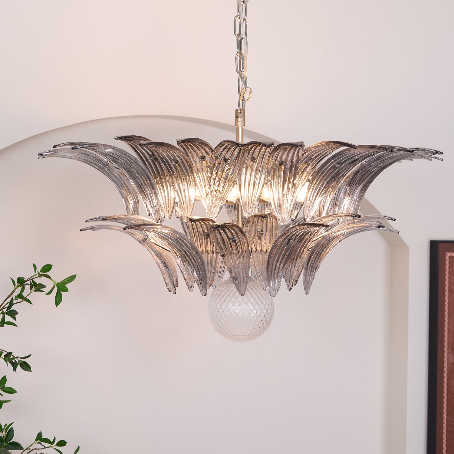 Aurora Chandelier Palmette Clear Murano Glass Leaf Layered-Neutral Decor