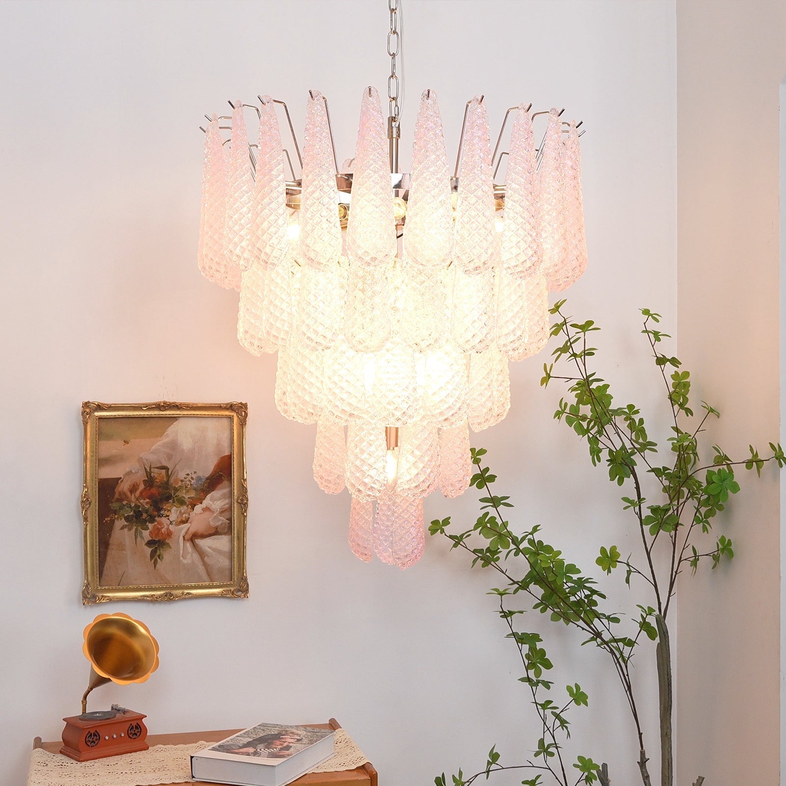 Aurora Chandelier Pink Dewdrop Cascading Romantic-Neutral Decor