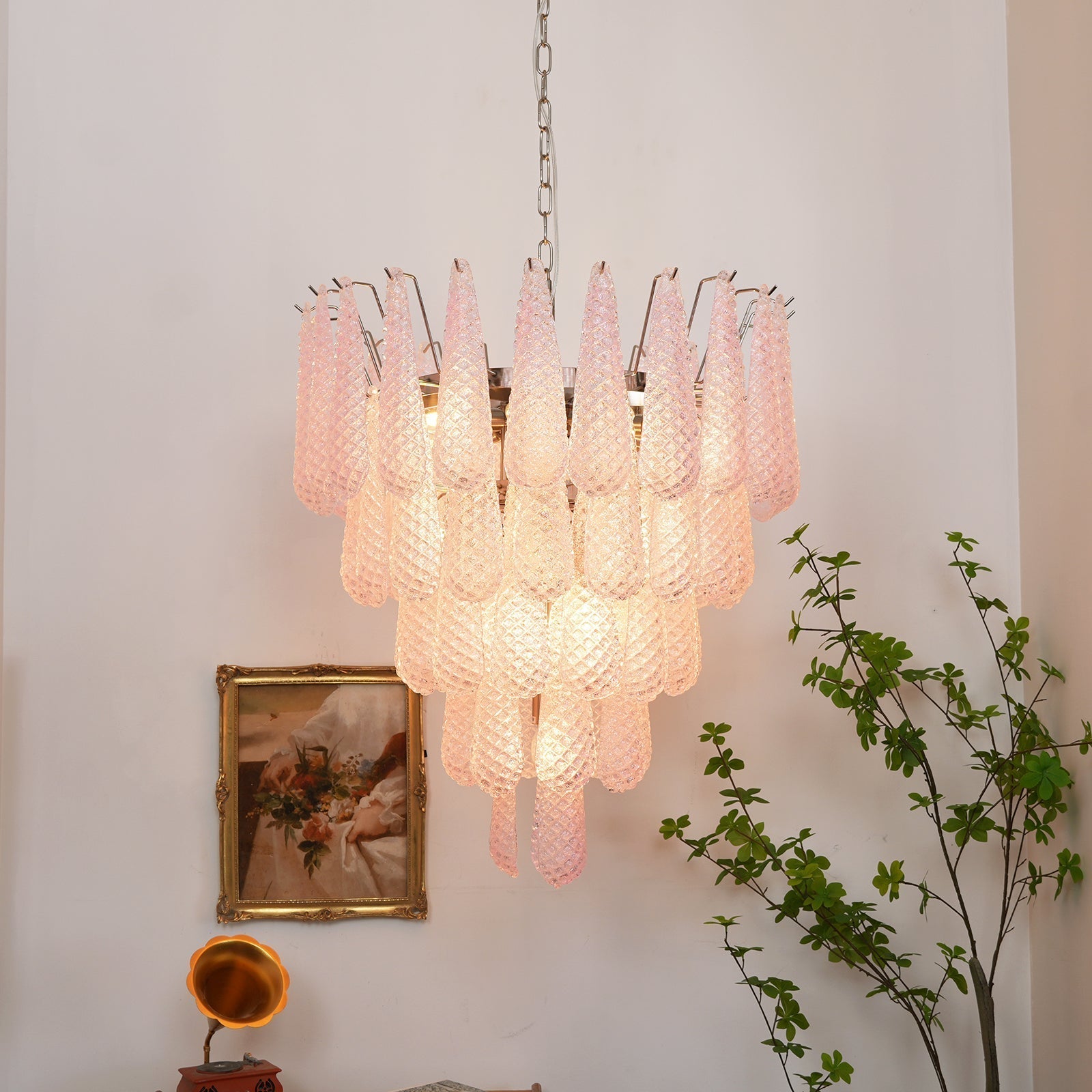 Aurora Chandelier Pink Dewdrop Cascading Romantic-Neutral Decor