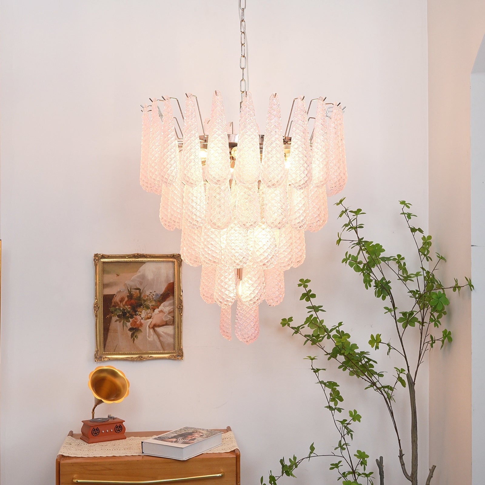 Aurora Chandelier Pink Dewdrop Cascading Romantic-Neutral Decor
