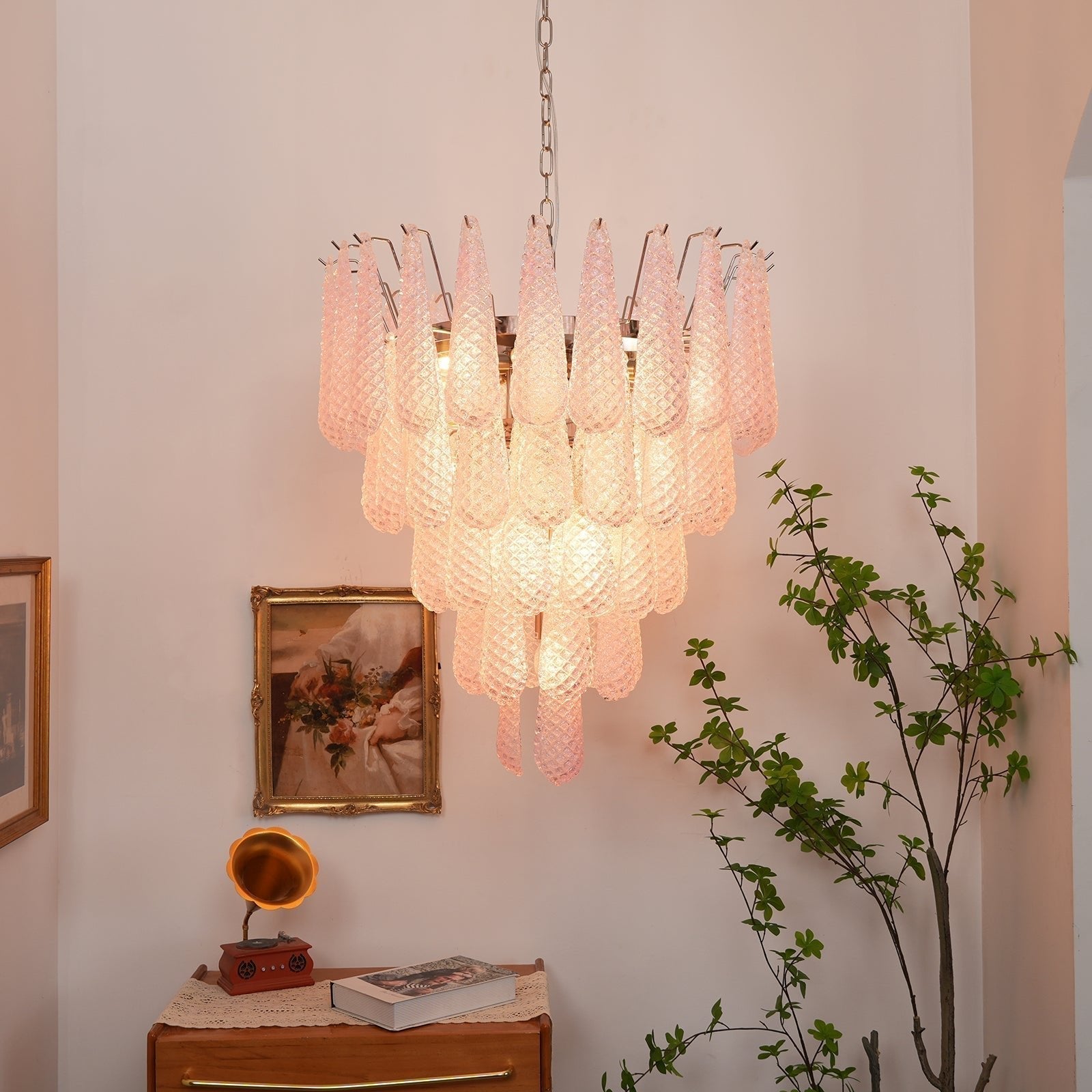 Aurora Chandelier Pink Dewdrop Cascading Romantic-Neutral Decor