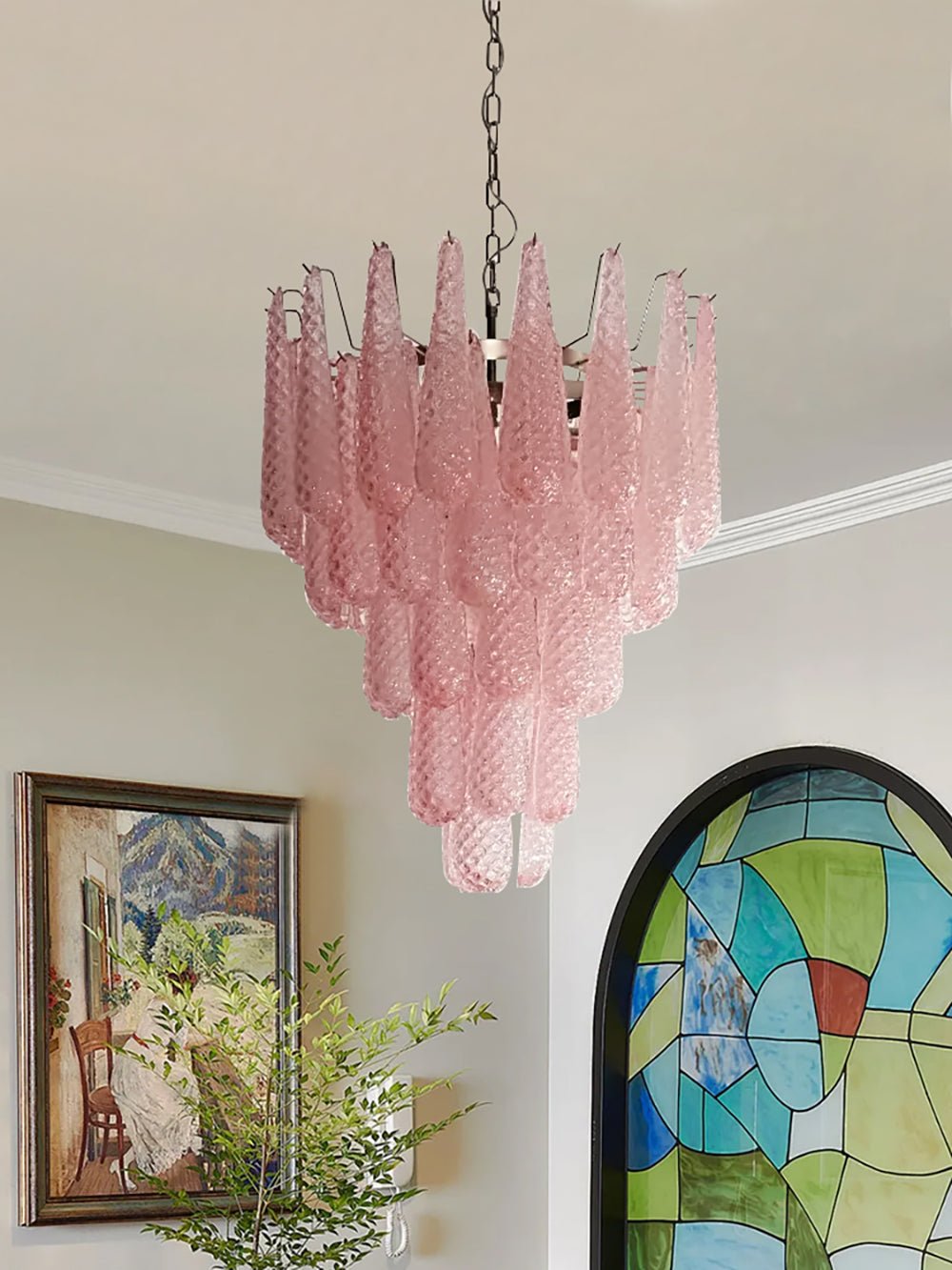 Aurora Chandelier Pink Droplet Murano Glass Diamond Pattern Waterfall-Neutral Decor