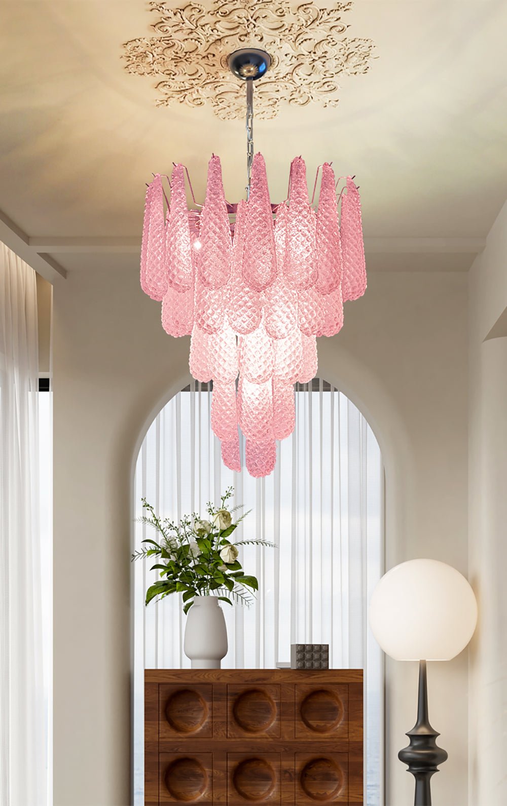 Aurora Chandelier Pink Droplet Murano Glass Diamond Pattern Waterfall-Neutral Decor