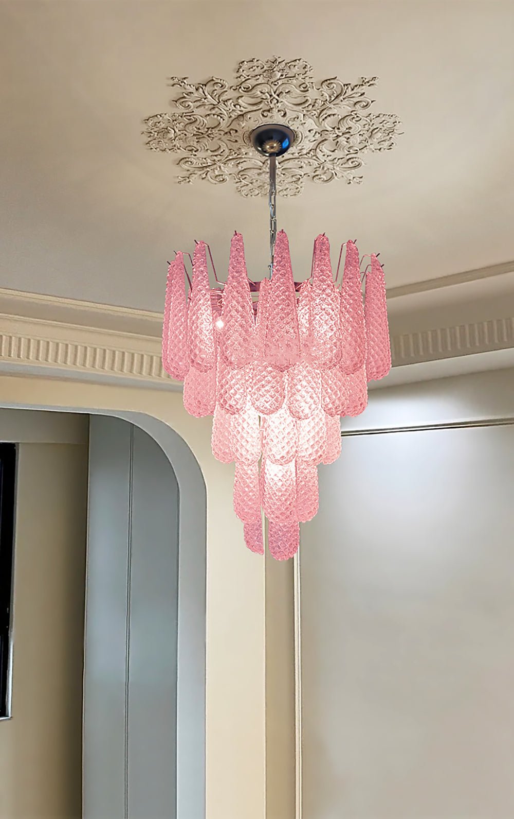Aurora Chandelier Pink Droplet Murano Glass Diamond Pattern Waterfall-Neutral Decor