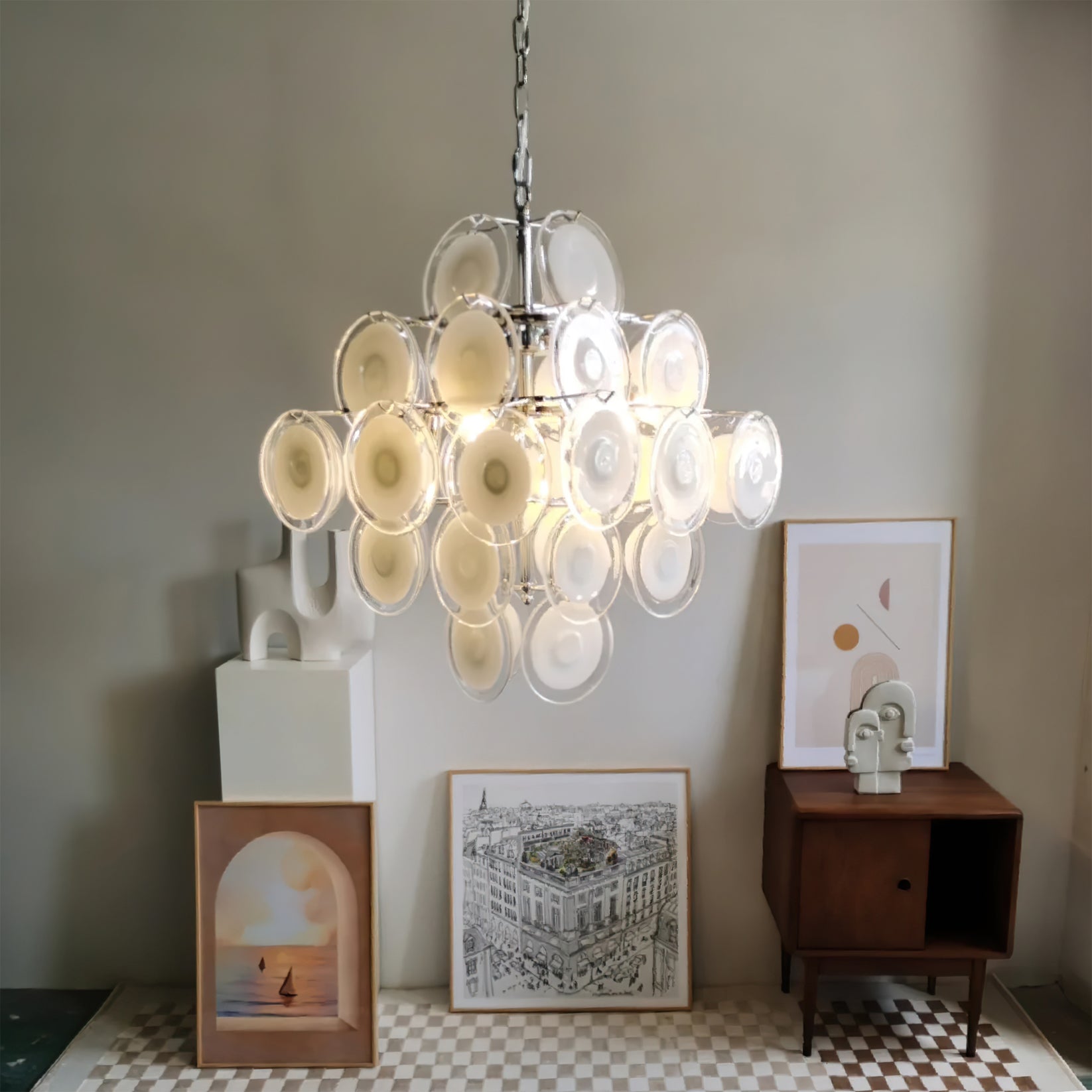 Aurora Chandelier White Murano Glass Discs Cluster-Neutral Decor