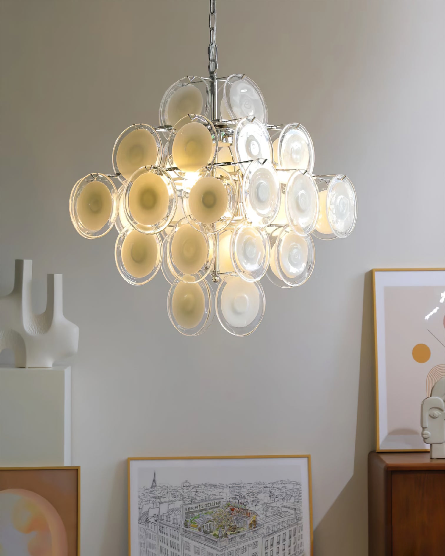 Aurora Chandelier White Murano Glass Discs Cluster-Neutral Decor