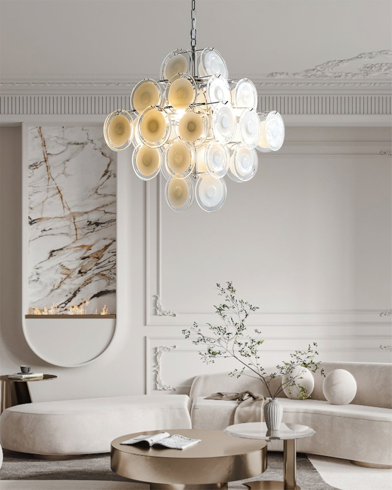 Aurora Chandelier White Murano Glass Discs Cluster-Neutral Decor