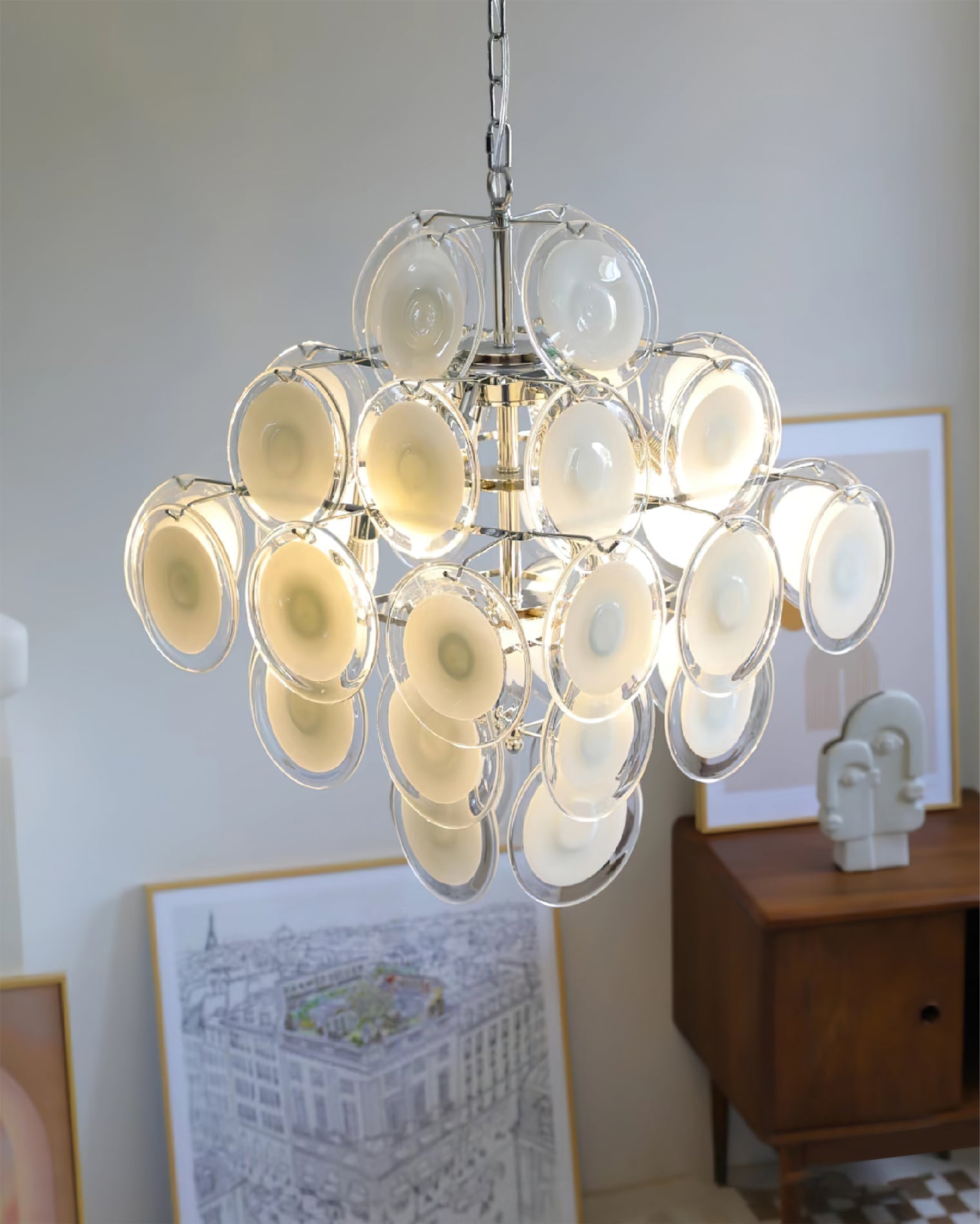 Aurora Chandelier White Murano Glass Discs Cluster-Neutral Decor