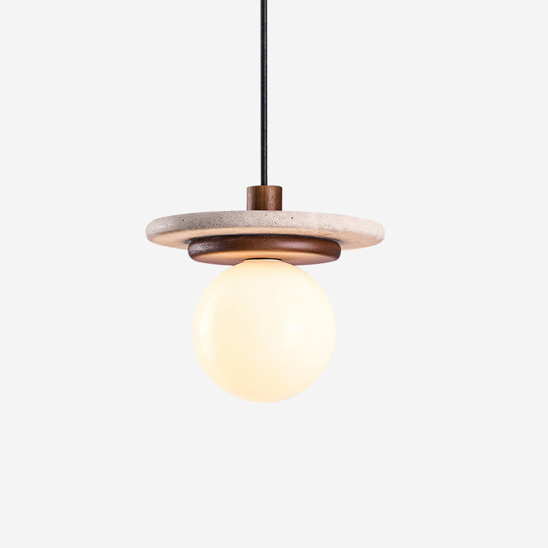 Pendant Lamp Glass Globe Travertine Disc Walnut Wood Natural