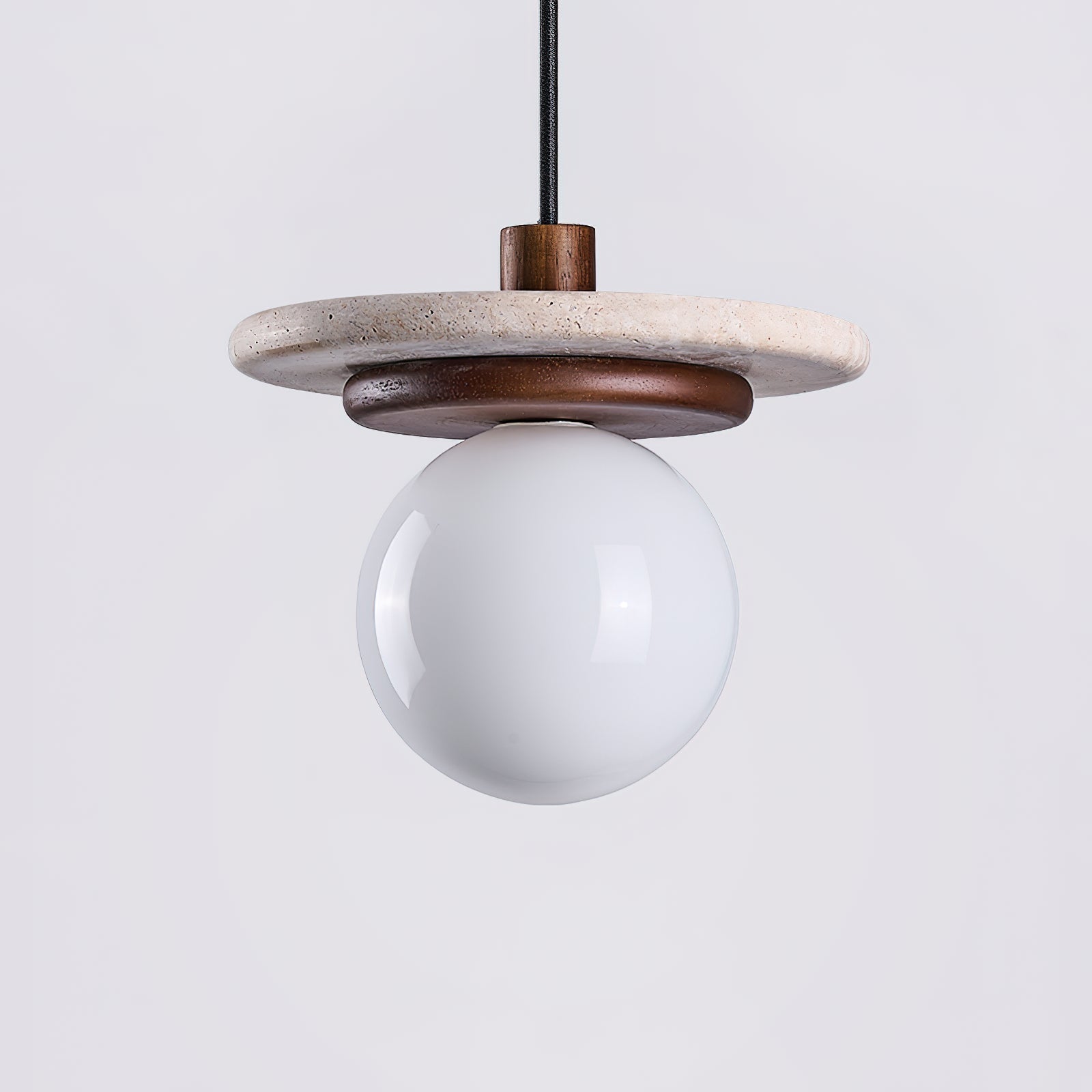 Pendant Lamp Glass Globe Travertine Disc Walnut Wood Natural
