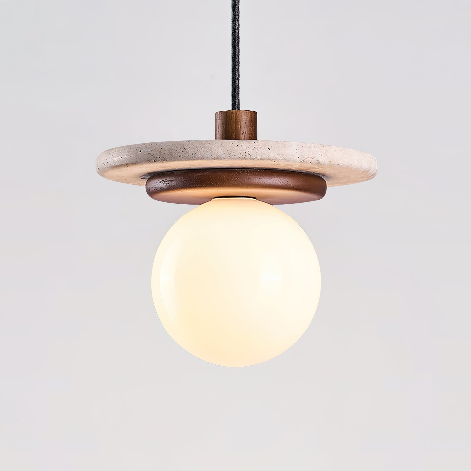 Pendant Lamp Glass Globe Travertine Disc Walnut Wood Natural