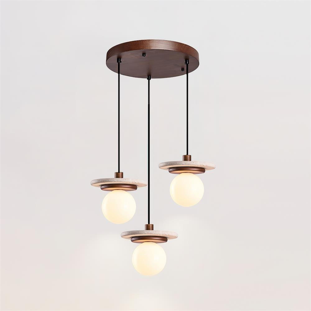 Pendant Lamp Glass Globe Travertine Disc Walnut Wood Natural