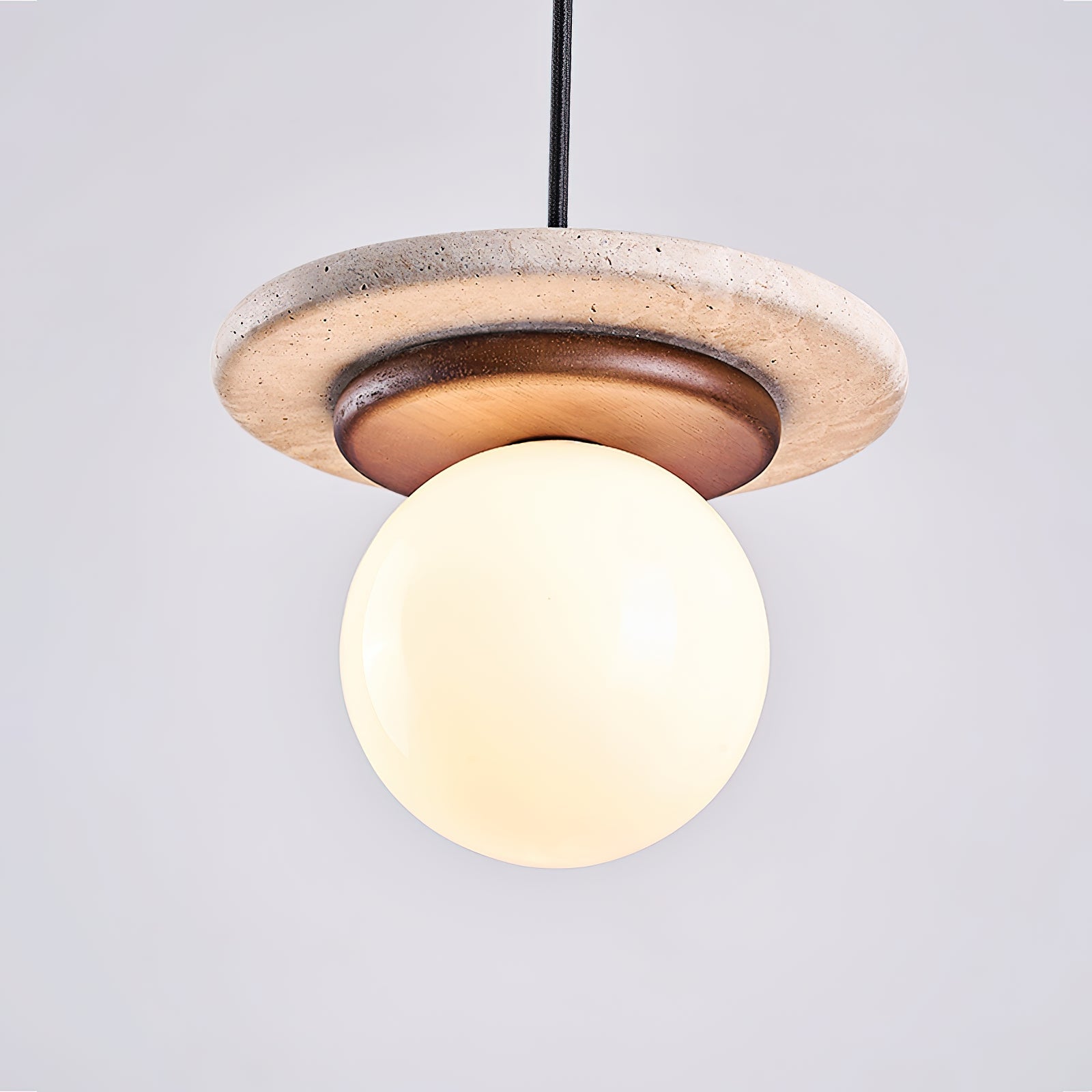 Pendant Lamp Glass Globe Travertine Disc Walnut Wood Natural