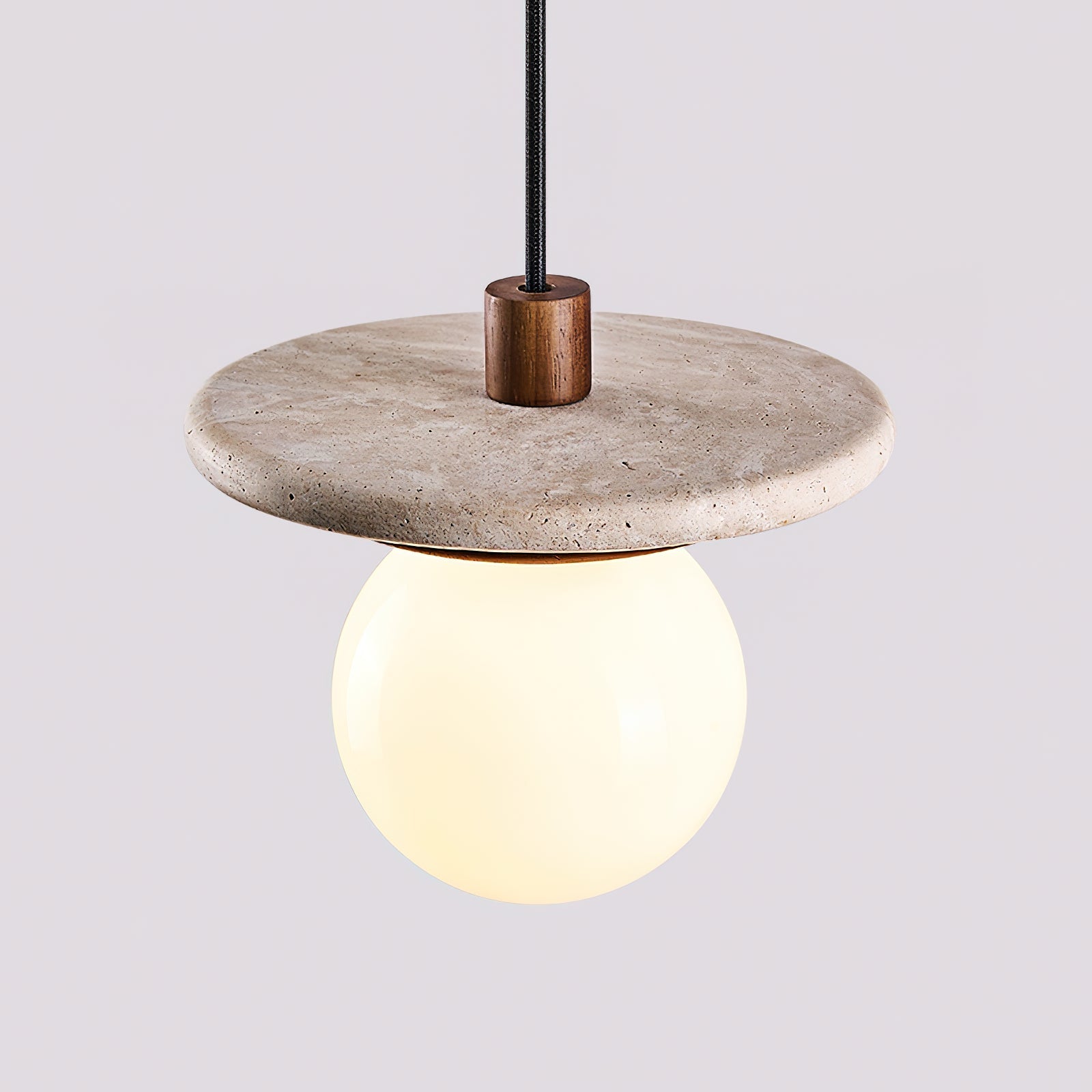 Pendant Lamp Glass Globe Travertine Disc Walnut Wood Natural