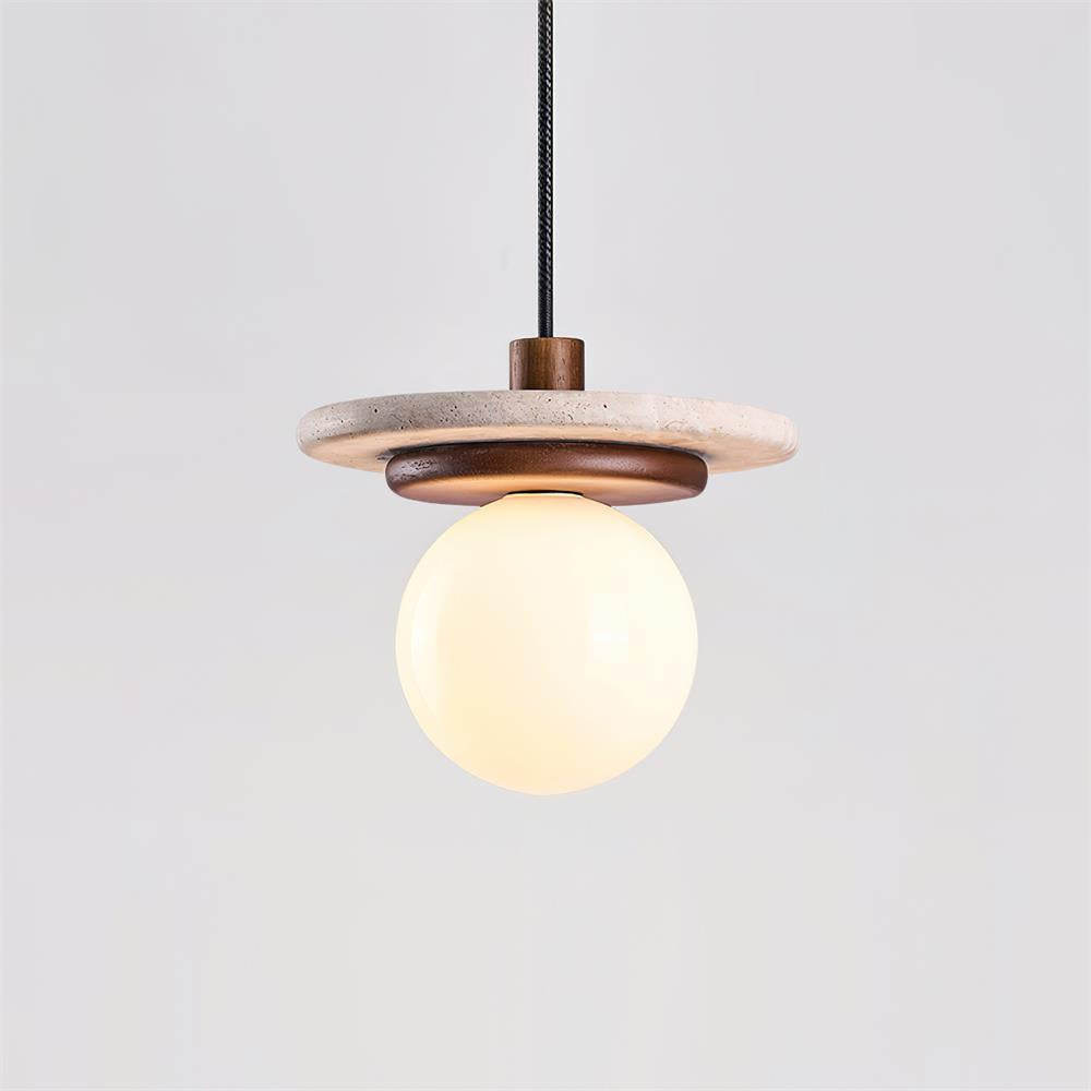 Pendant Lamp Glass Globe Travertine Disc Walnut Wood Natural