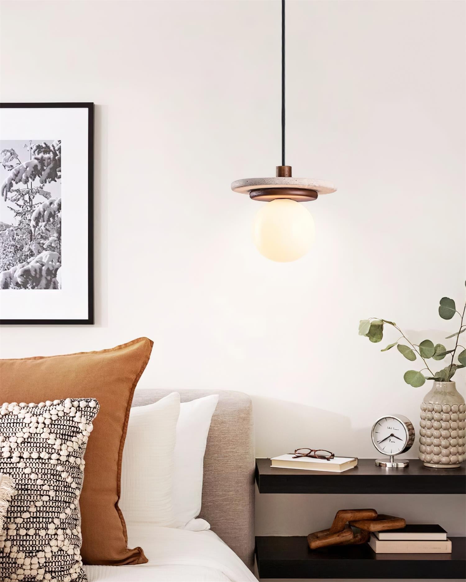 Pendant Lamp Glass Globe Travertine Disc Walnut Wood Natural